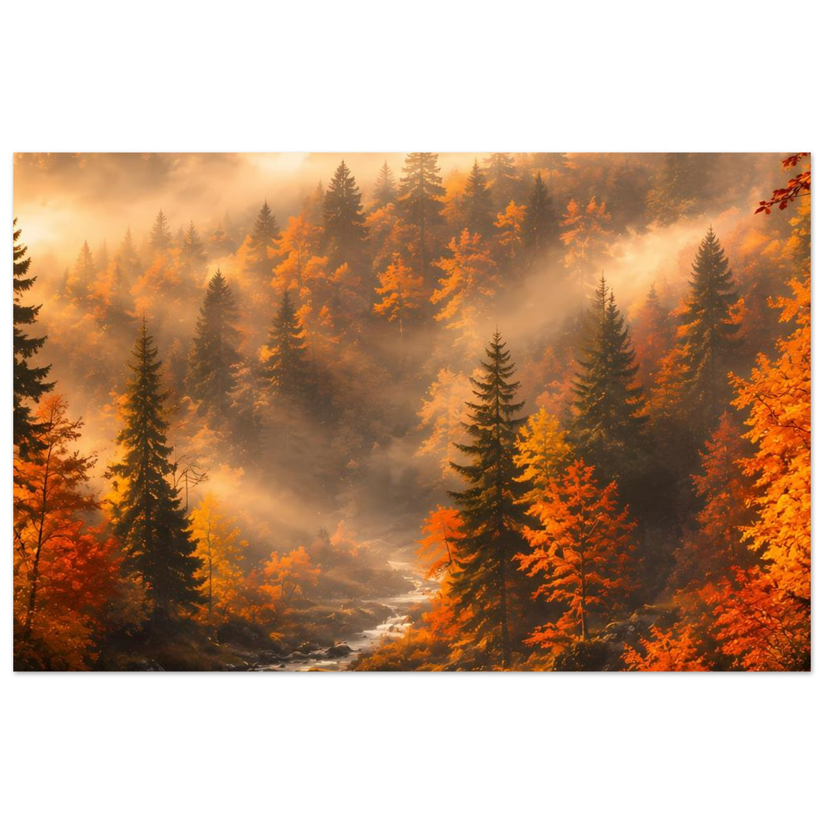 Herbstliches Waldlandschaft-Poster, horizontal: orangefarbene Bäume und Lichtnebel