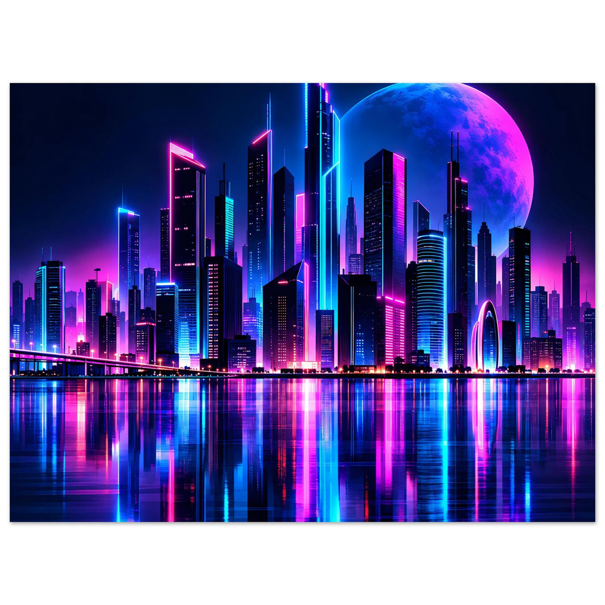 Neon-Stadtlandschafts-Poster mit Skyline, blauem Mond und spiegelnder Reflexion