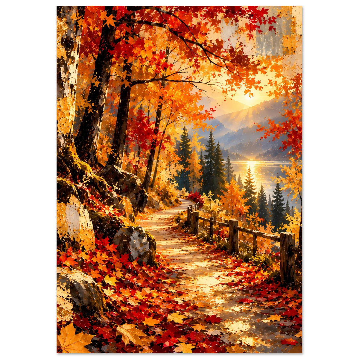 Herbst-Wanderweg-Poster im Hochformat: Schimmernder Laubweg, Tannen und brennende Herbstfarben.
