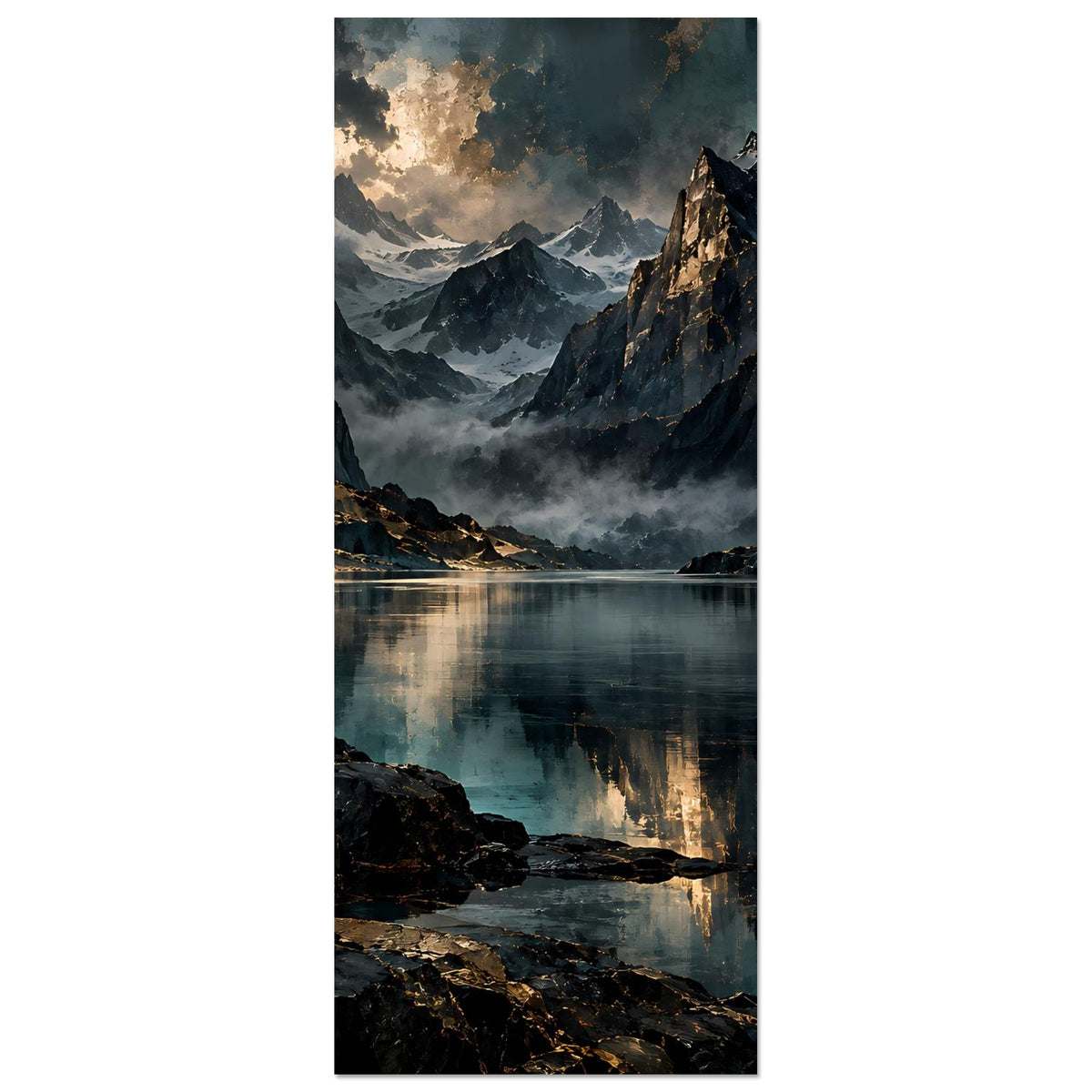 Vertikales Poster mit Bergspitzen, See und Felsriffen, stimmungsvolle Blautöne