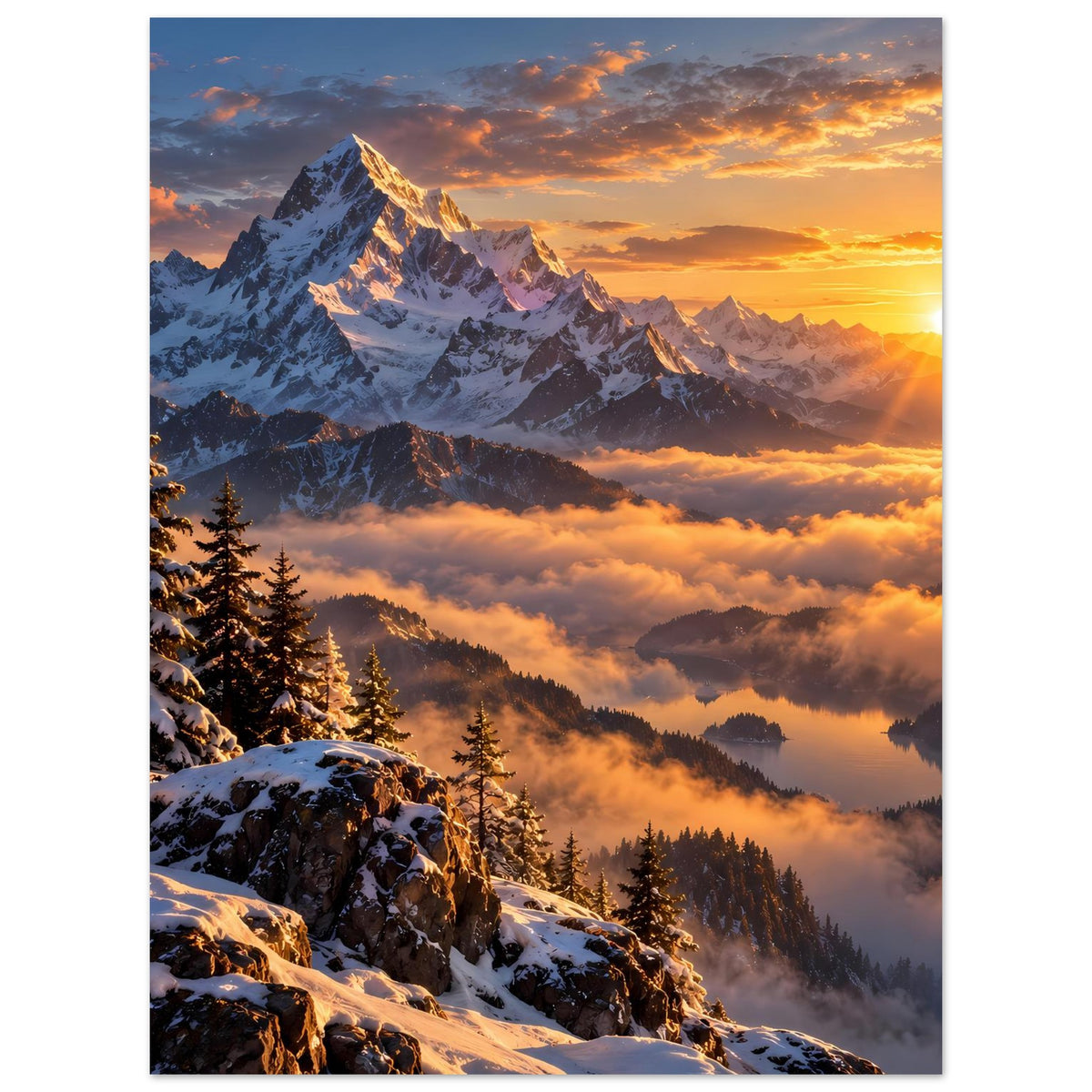 Poster mit schneebedecktem Berggipfel, Tannenwald und orangefarbenem Sonnenaufgang über Wolken
