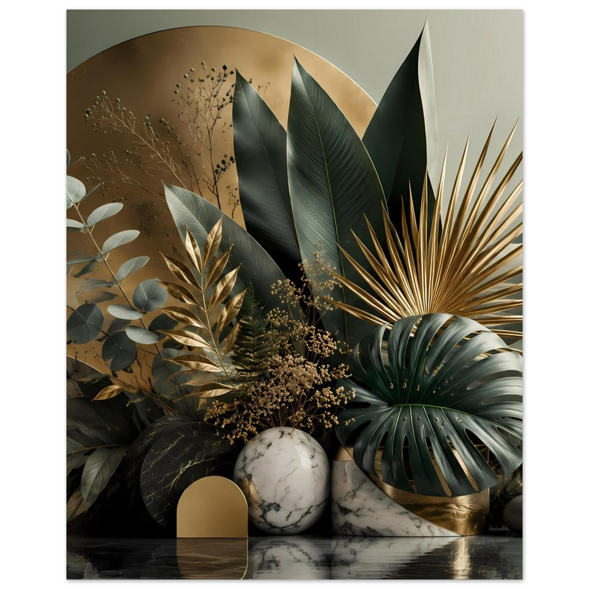 Botanisches Poster mit goldener Bogenform, großen Blattpflanzen und Marmorblick
