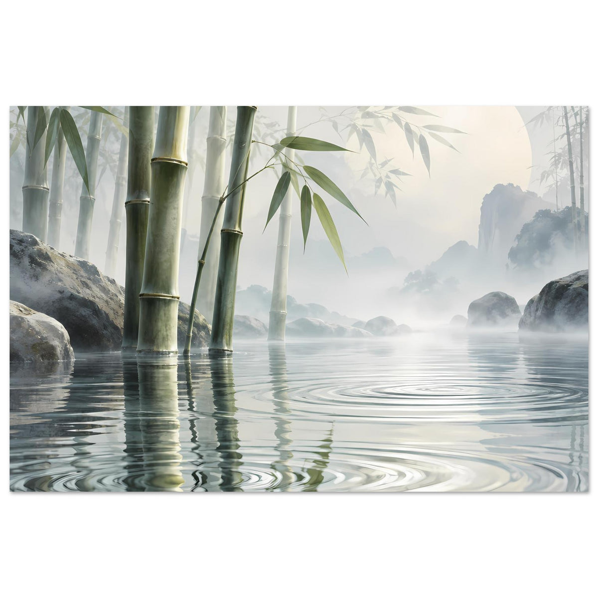 Poster mit Bambus und Wasserreflexionen, horizontales Motiv mit Nebelschwaden und Bergen