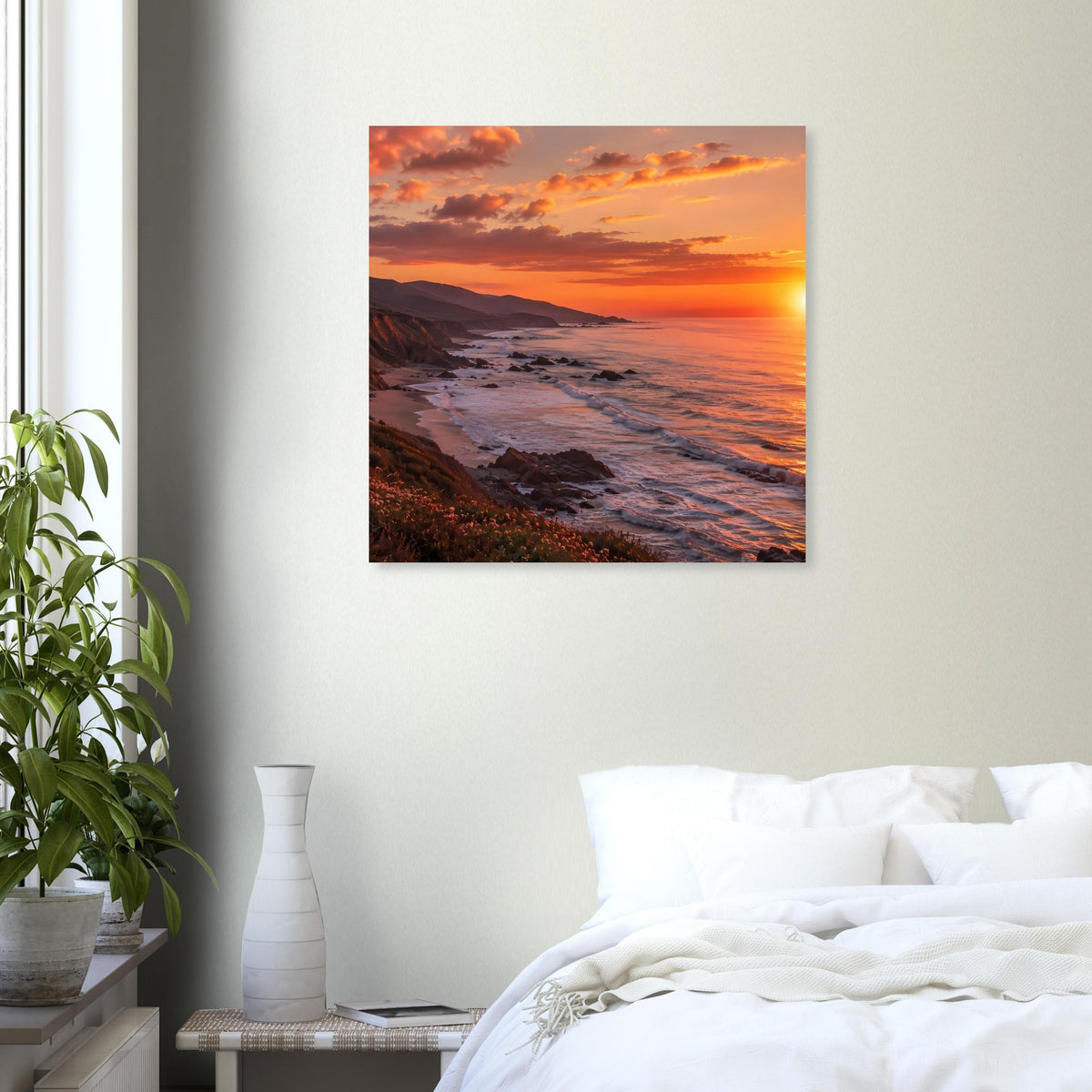 Quadratisches Poster mit Strandlandschaft und Sonnenuntergang über dem Meer