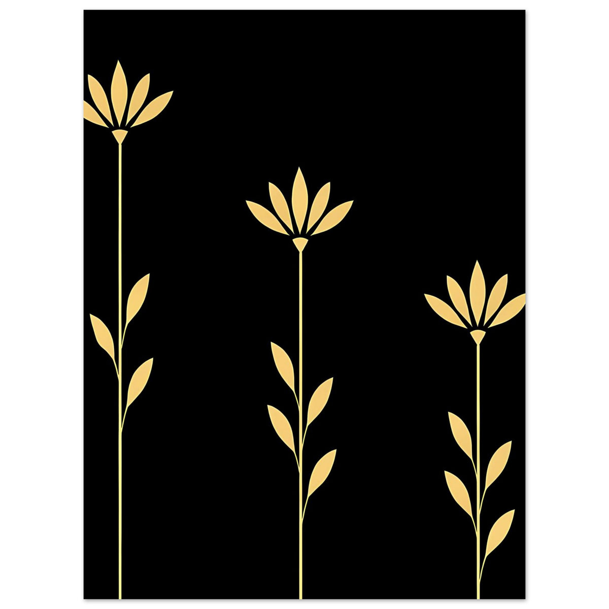 Quadratisches Poster mit drei goldenen Blumenstielen auf schwarzem Hintergrund