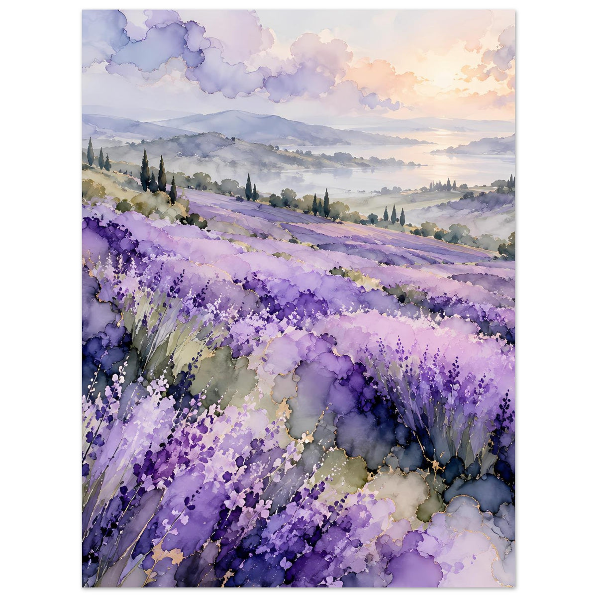 Landschaftsposter mit lila Lavendelfeld, Dunstlandschaft und warmem Aquarellhimmel