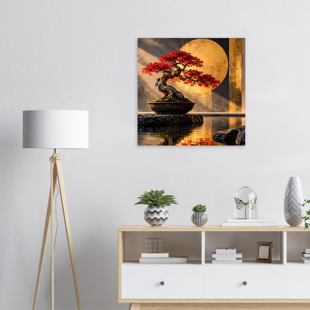 Bonsai-Poster mit rotem Ahornbaum, goldener Kreisform, Schale und Spiegelung