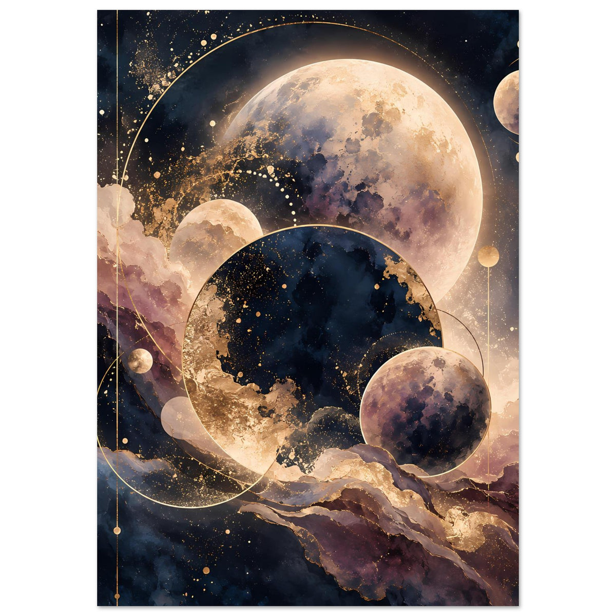 Vertikales Poster mit Planeten- und Mondmotiv, großer Mond und blauer Planet, Goldakzente