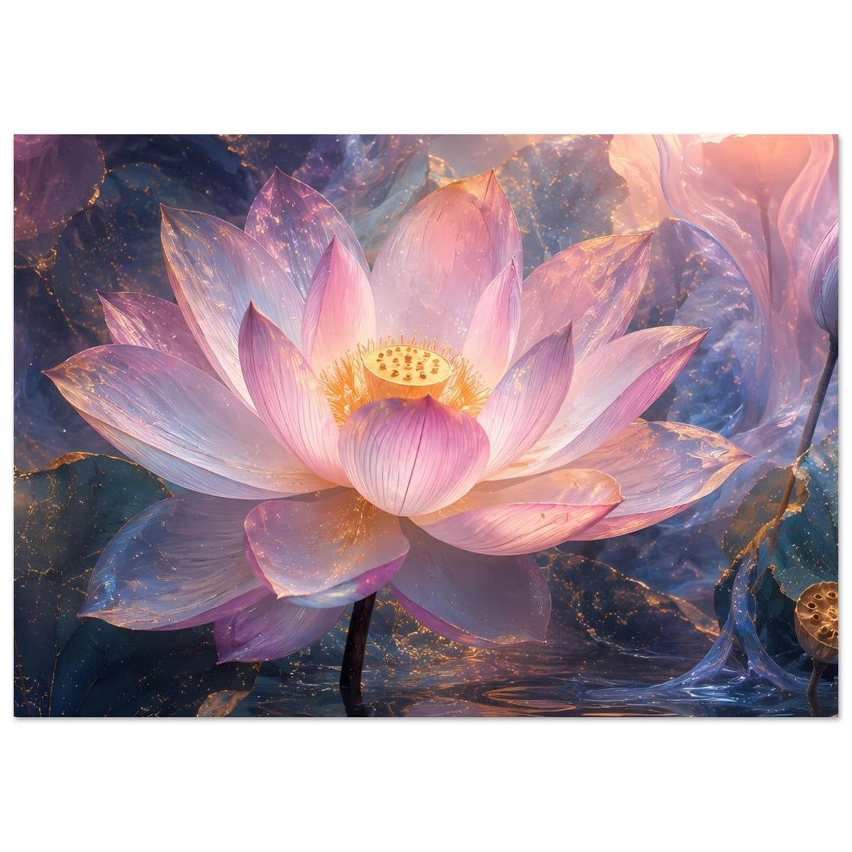 Lotusblüten-Poster, rosa-violette Blütenblätter und goldene Mitte, Querformat