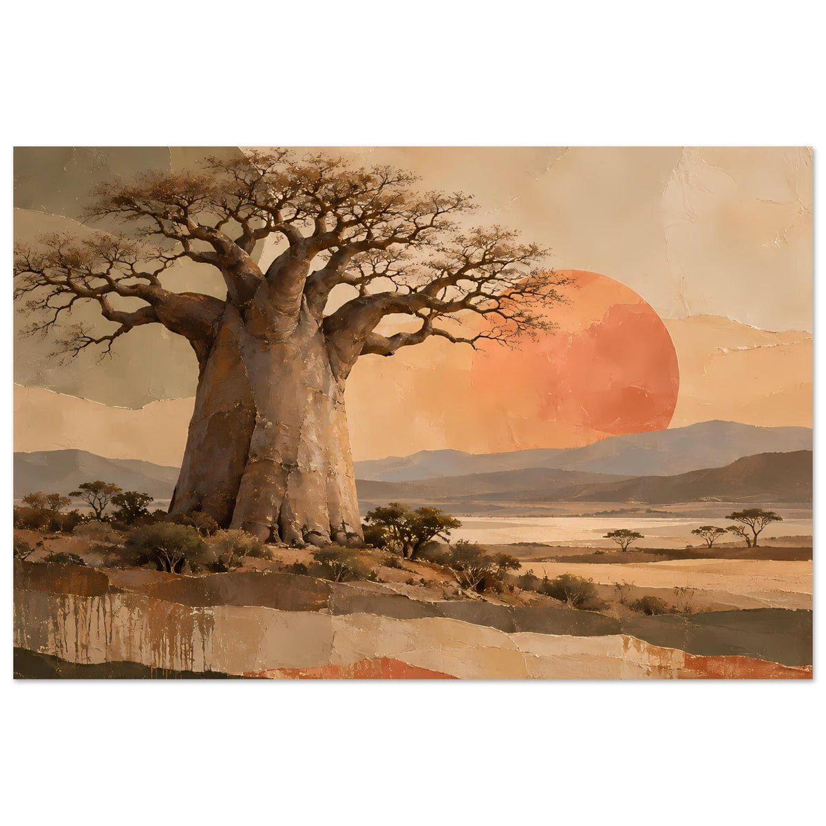 Naturposter: Baobab-Baum im Vordergrund, afrikanische Ebene mit Pflanzen und Hügeln