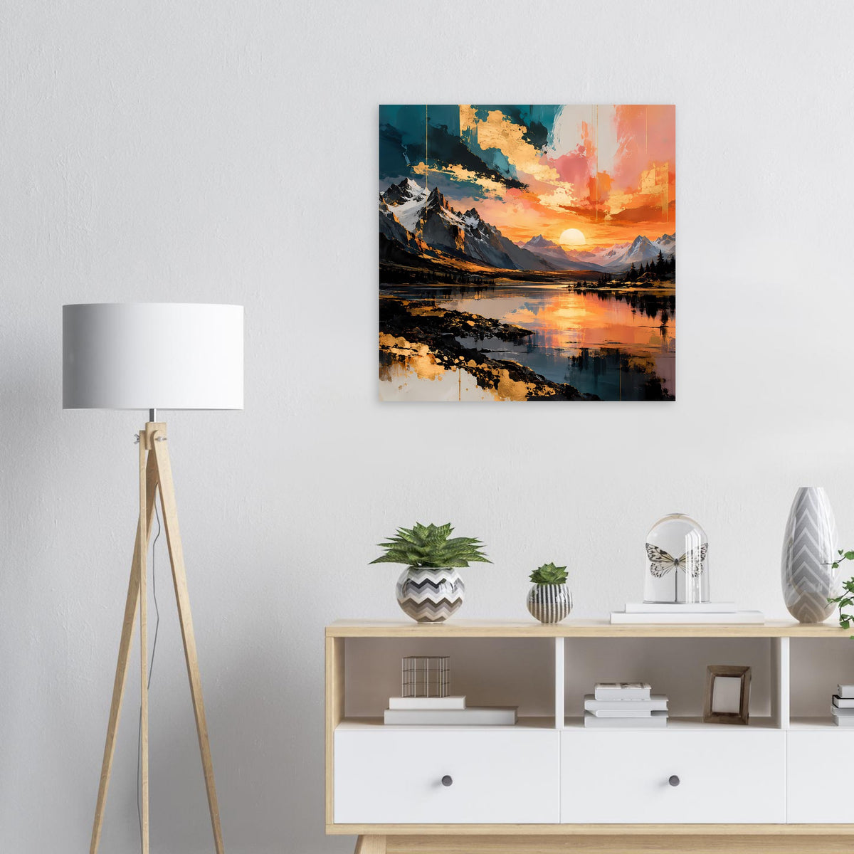 Quadratisches Poster mit Sonnenuntergang über Bergen, Spiegelung im See und Wolkenhimmel