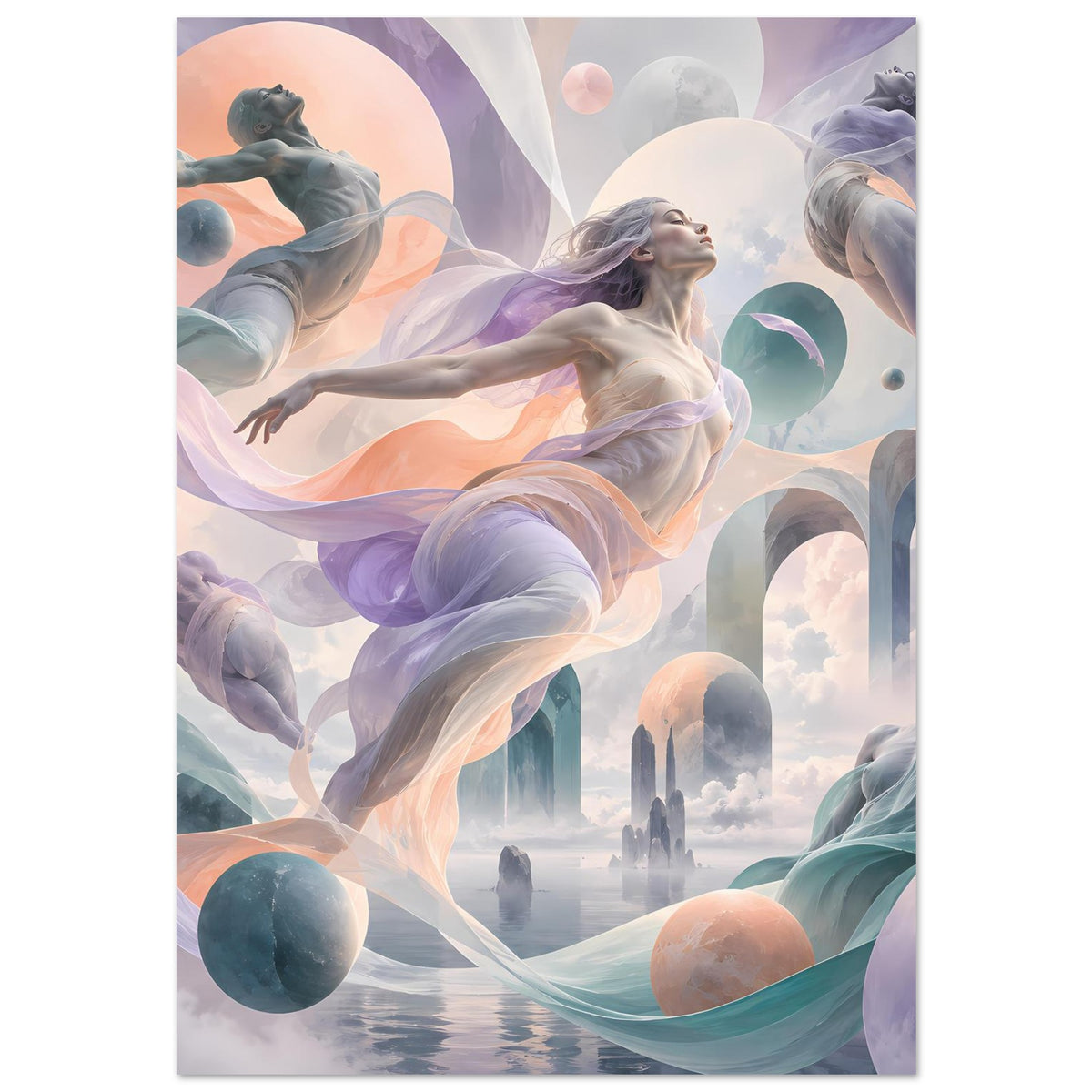 Vertikales Poster: fließende Gewänder, feine Pastell-Nuancen und schwebende Figuren