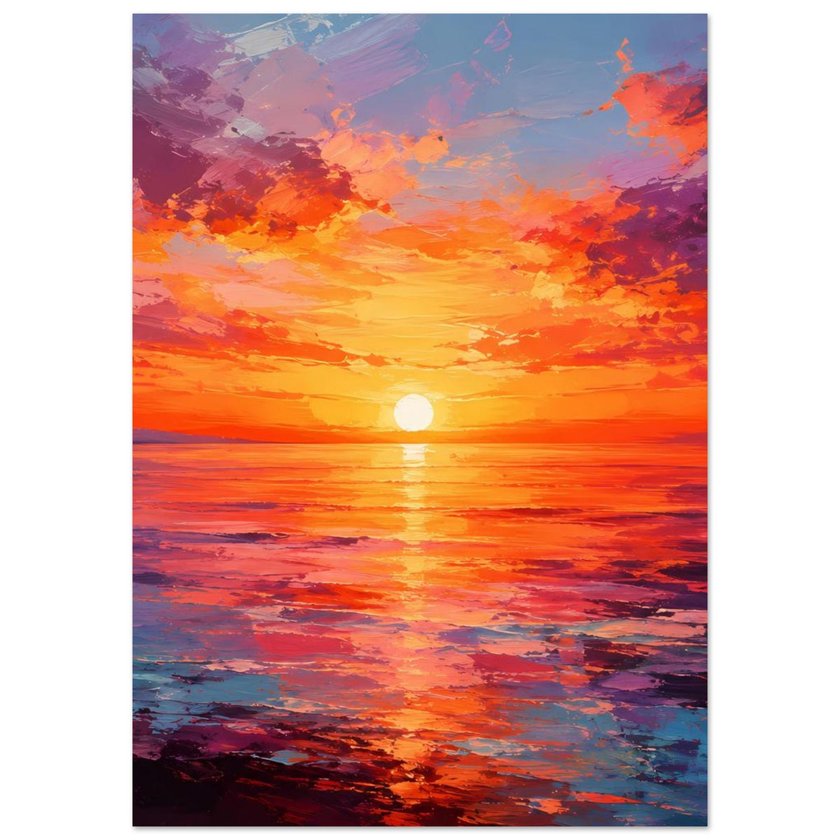 Poster im Hochformat: Sonnenuntergang mit orangefarbenem Himmel und violettem Wasser.
