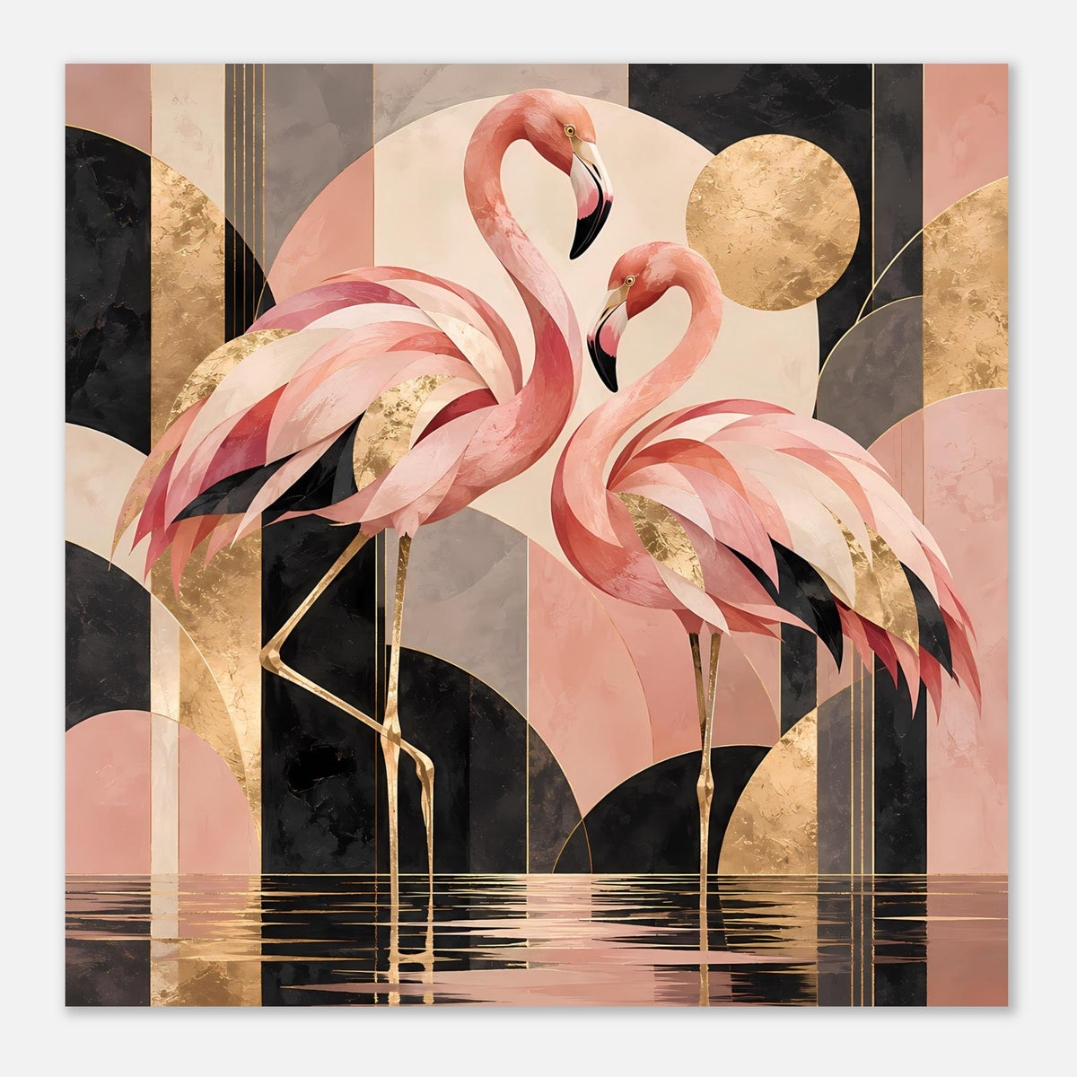 Zwei rosa Flamingos vor geometrischem Hintergrund mit Goldakzenten in Schwarz und Creme – Posteransicht 48