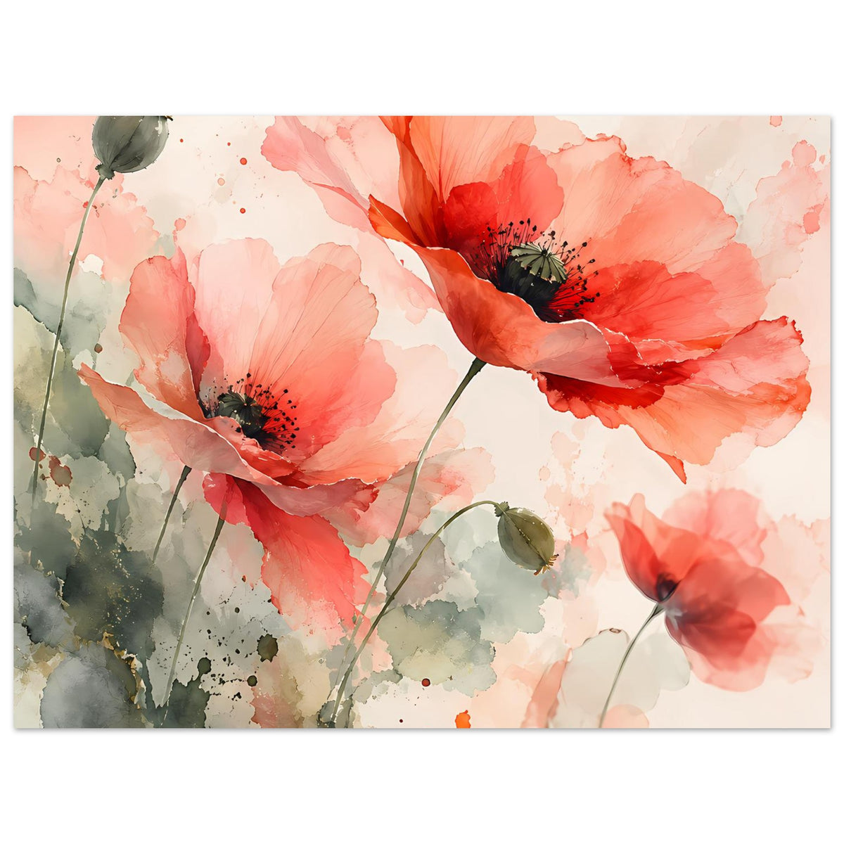 Aquarell-Poster mit Korallrosa Mohnblumen, grünlichen Stielen und Blütenstaub
