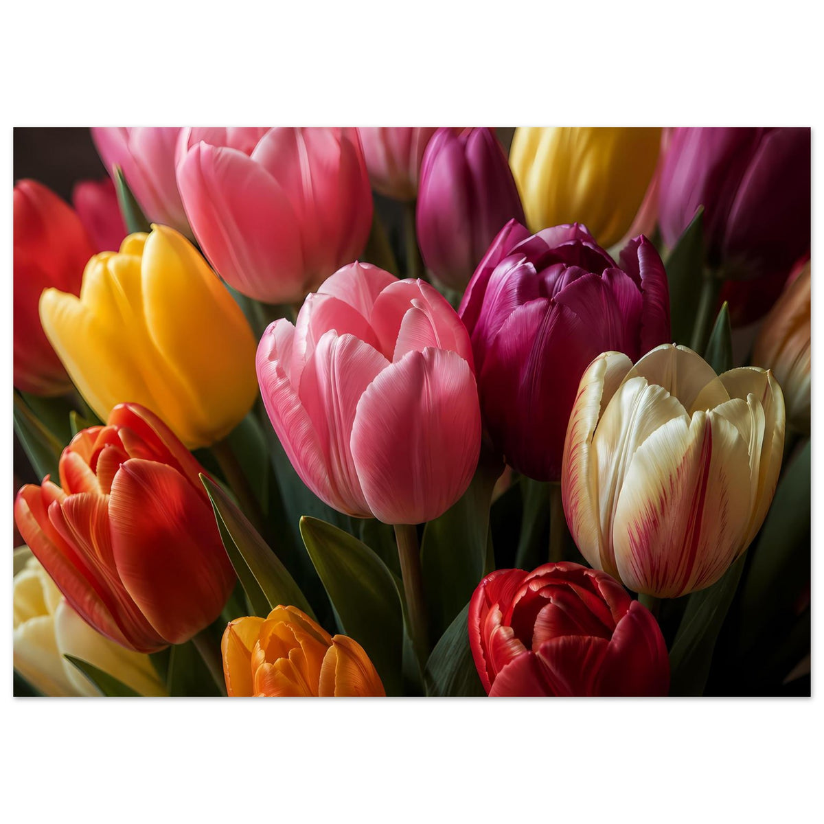 Tulpenstrauß-Poster im Querformat mit rosa, violetten und gelben Tulpen und roten Akzenten