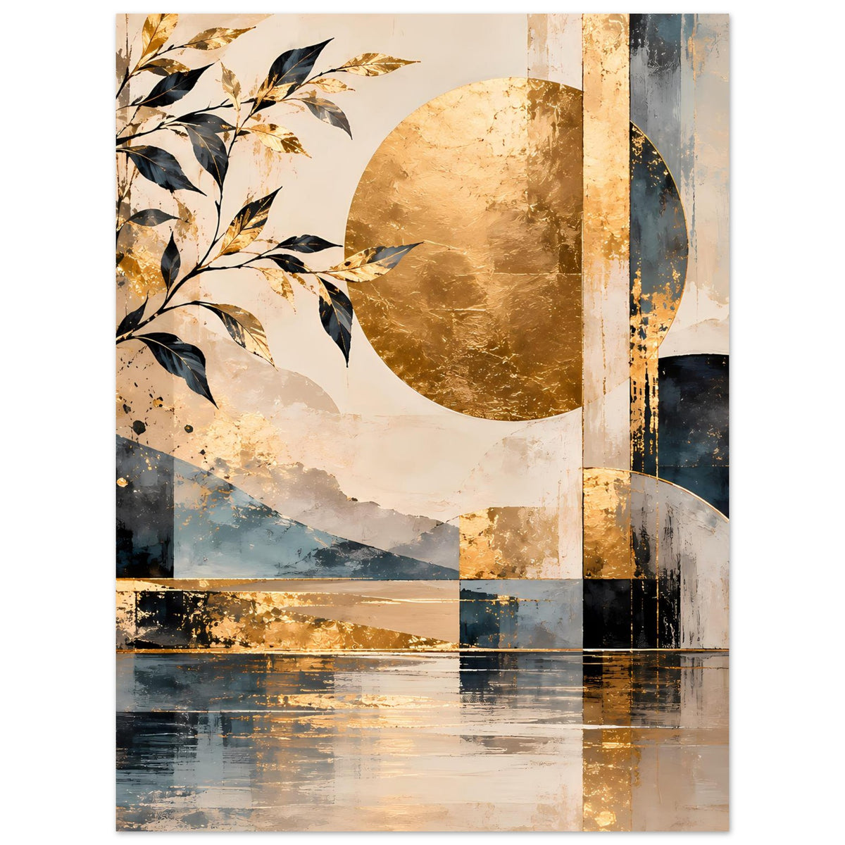 Abstraktes Kunstposter: goldene Kreisformen, blaue Farbflächen, Blattzweige und horizontale Schraffuren