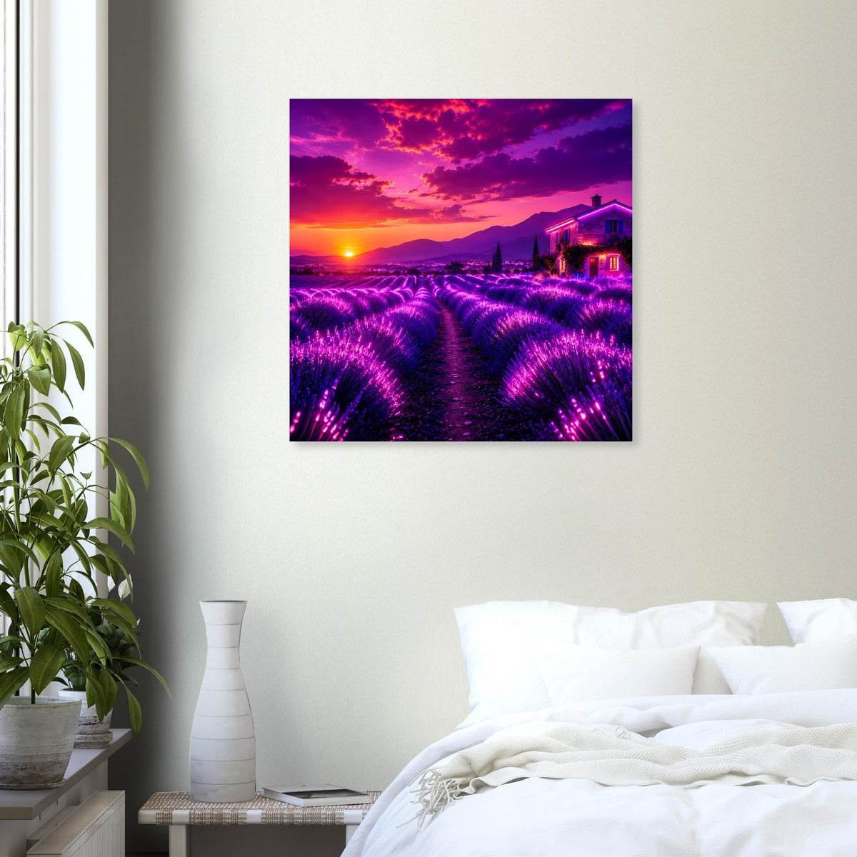 Quadratisches Poster mit Lavendel-Pfade in Lila und Abendhimmel in Pink und Violett