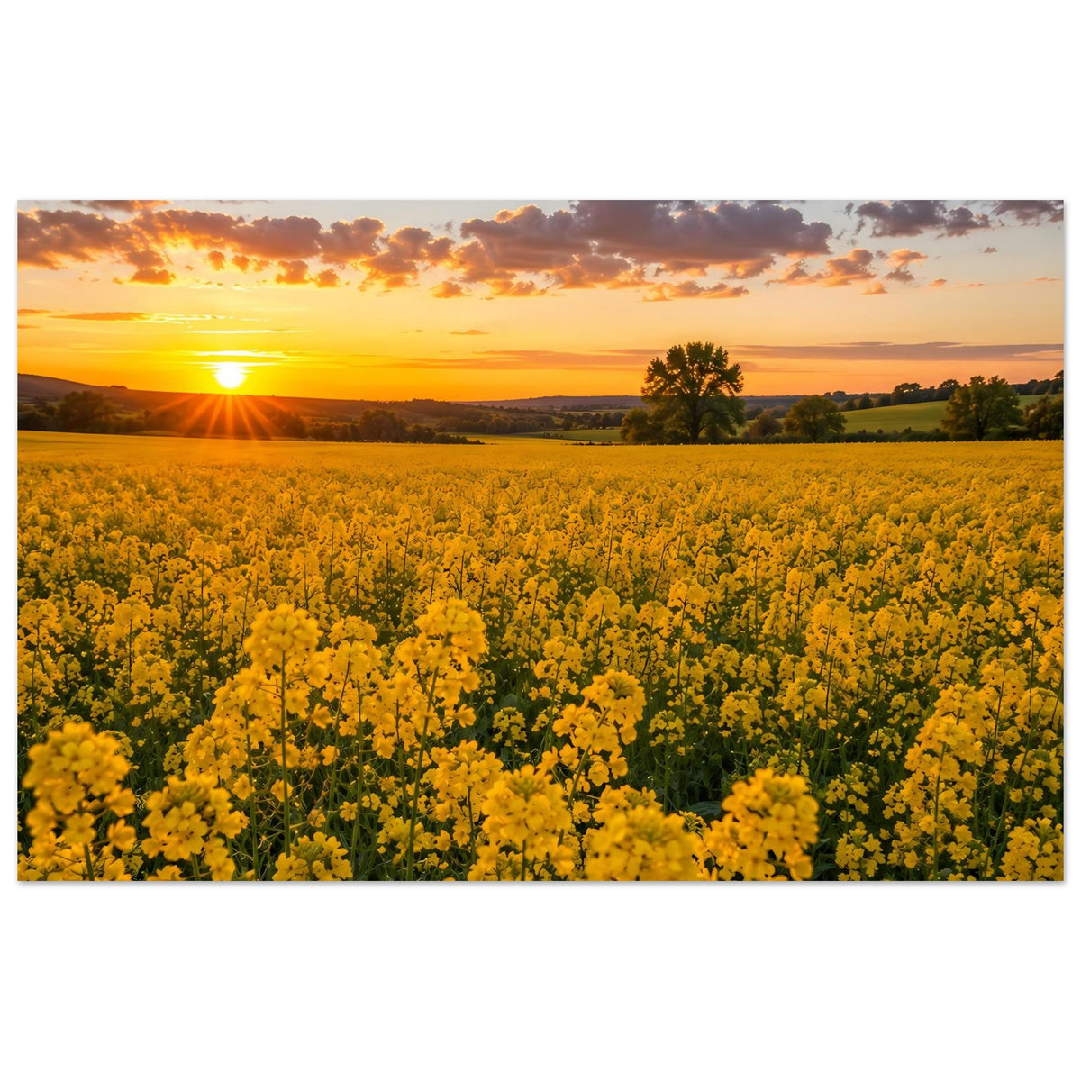 Breites Landschaftsposter mit gelber Blumenwiese, tiefer Sonne und Landschaft im Hintergrund