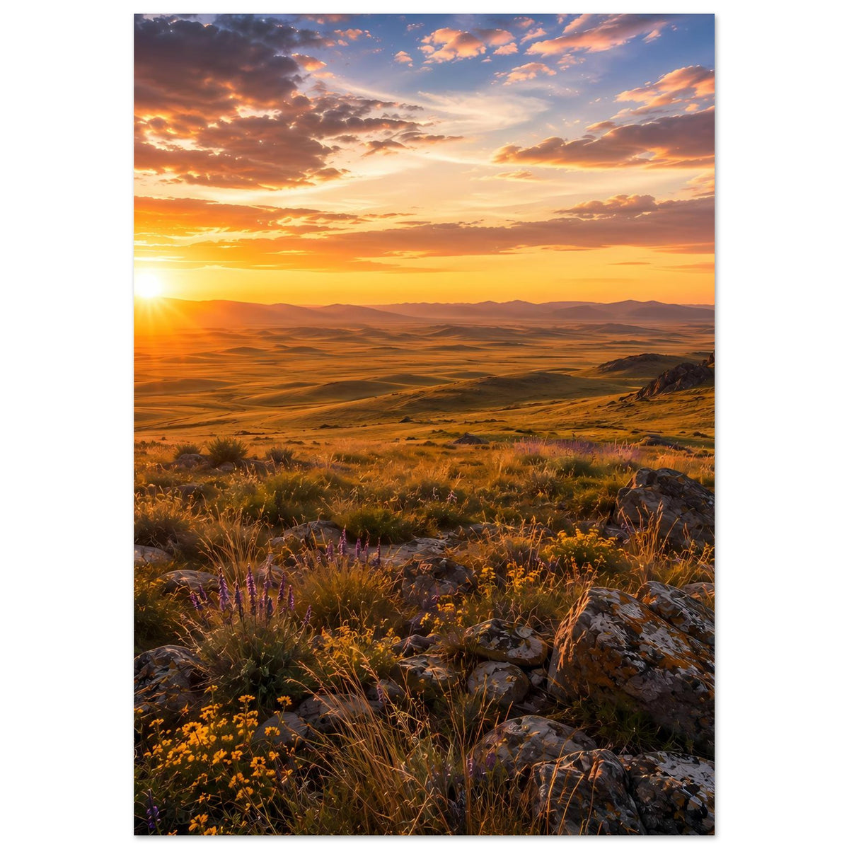Naturposter im Hochformat mit Sonnenaufgang über Tal, Wiesen und Steinen im Vordergrund
