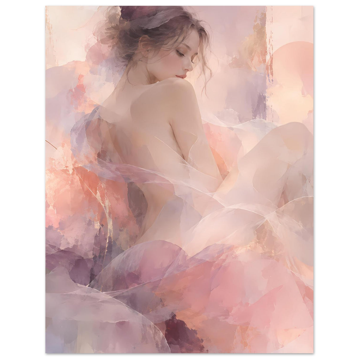 Vertikales Poster mit Porträt einer Frau im Aquarellstil, sanfte Rosa- und Lavendelnuancen