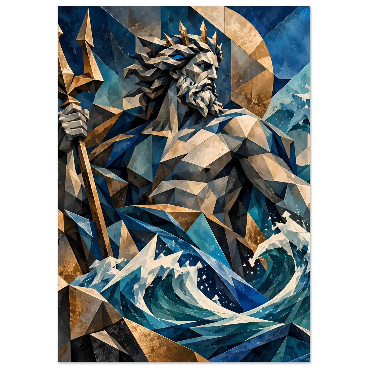Mythologie-Poster mit polygonalem Poseidon, Blaugrün und Gold, umgebender Kreisform im Hintergrund