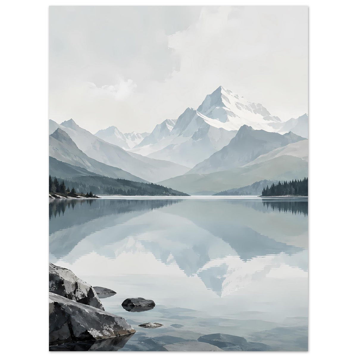 Kunstdruck mit Bergsee und Spiegelung von Wolken und Bergen, Felssteine am Rand, vertikal