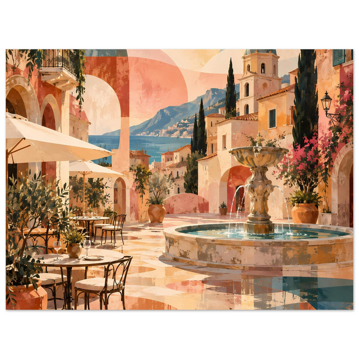 Poster im Querformat mit mediterraner Terrasse, Brunnenfontäne und Kirchturm