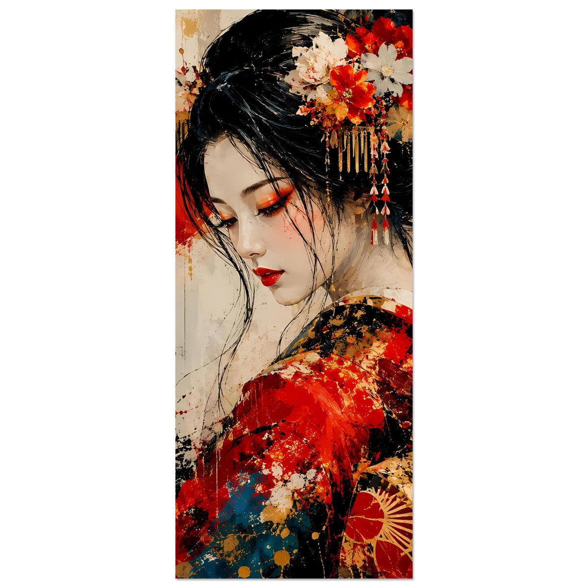 Hochformat-Poster mit Geisha im roten Kimono, goldene Muster am Ärmel, Blumen im Haar.