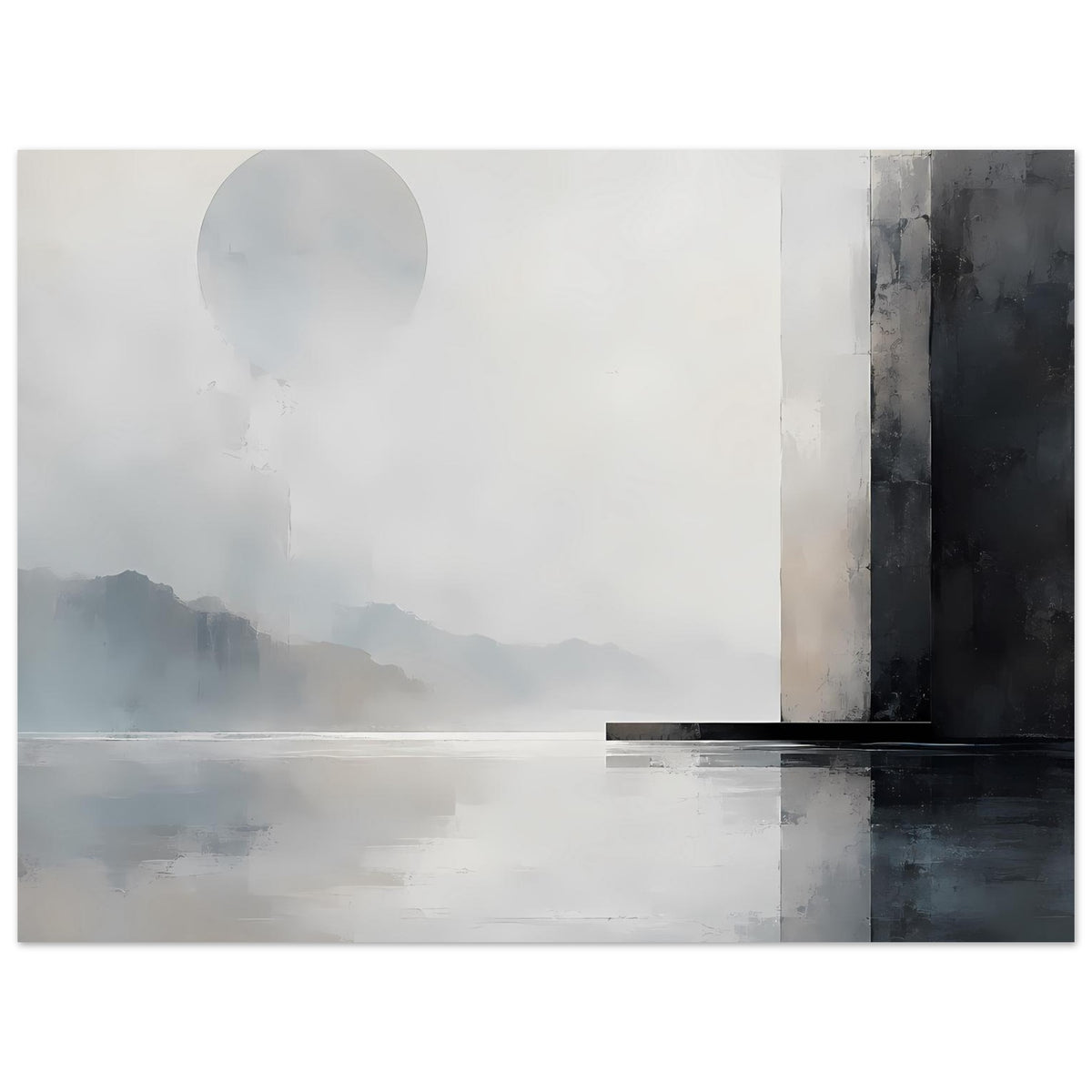 Kunstdruck: monochrome Landschaft in Grau und Blau, Sonnenscheibe links, dunkle Vertikalzone rechts