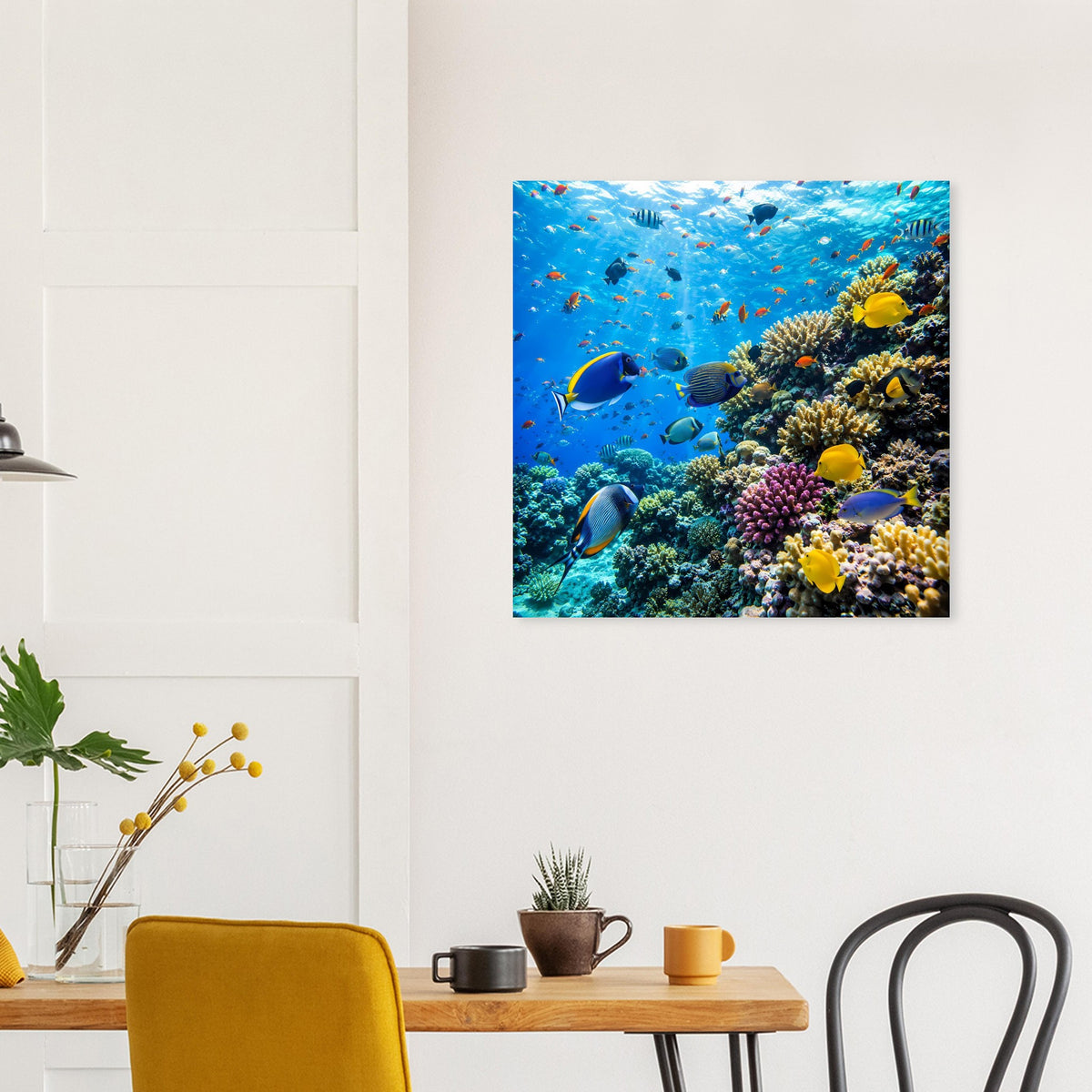 Kleines Poster mit Korallenriff und tropischen Fischen, Fokus auf gelbe Fische und Korallen