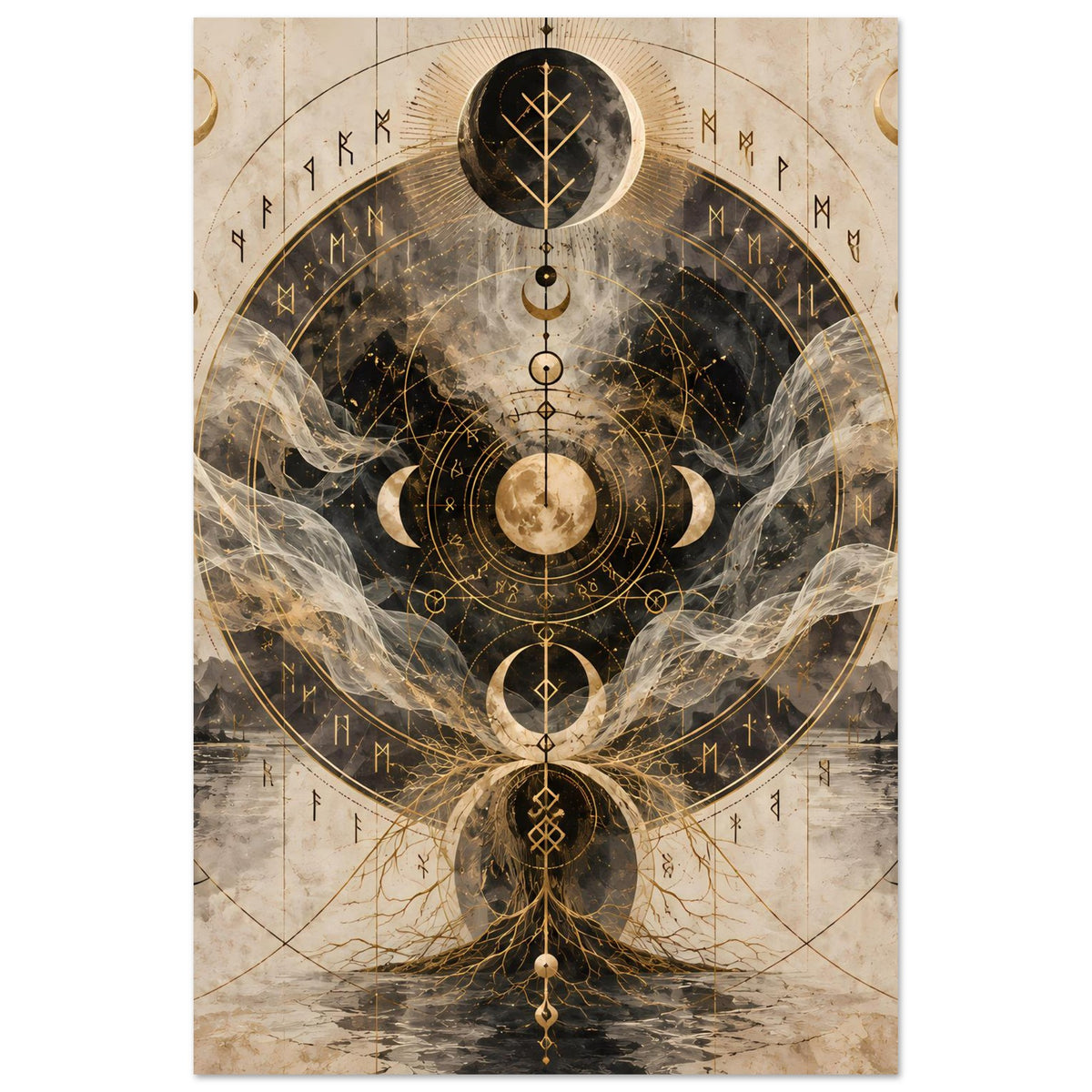 Hochformat-Poster mit gold-schwarzem Kreisornament, Mondphasen und feinen Linienraster