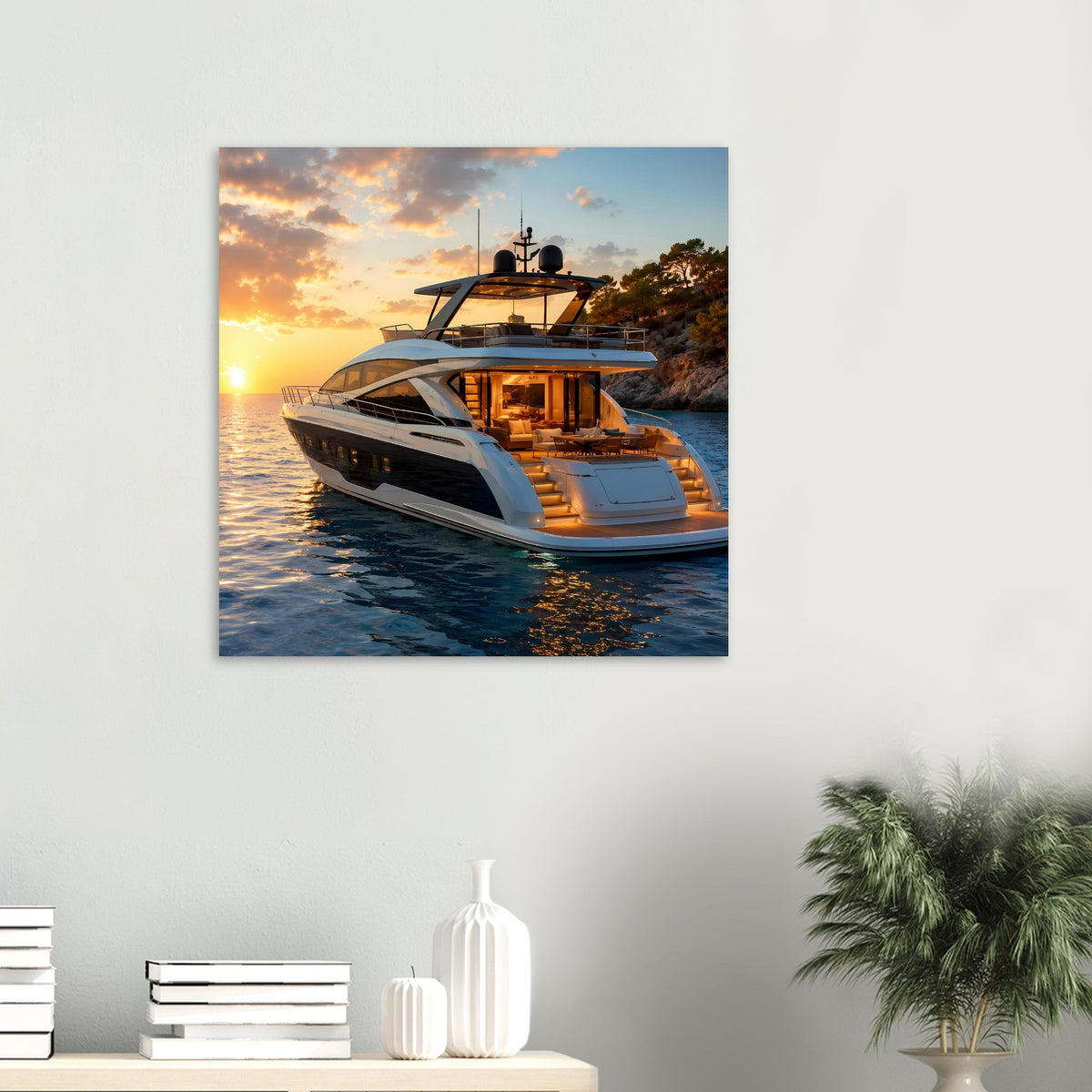 Poster mit Luxus-Motoryacht auf ruhigem Wasser bei Sonnenuntergang