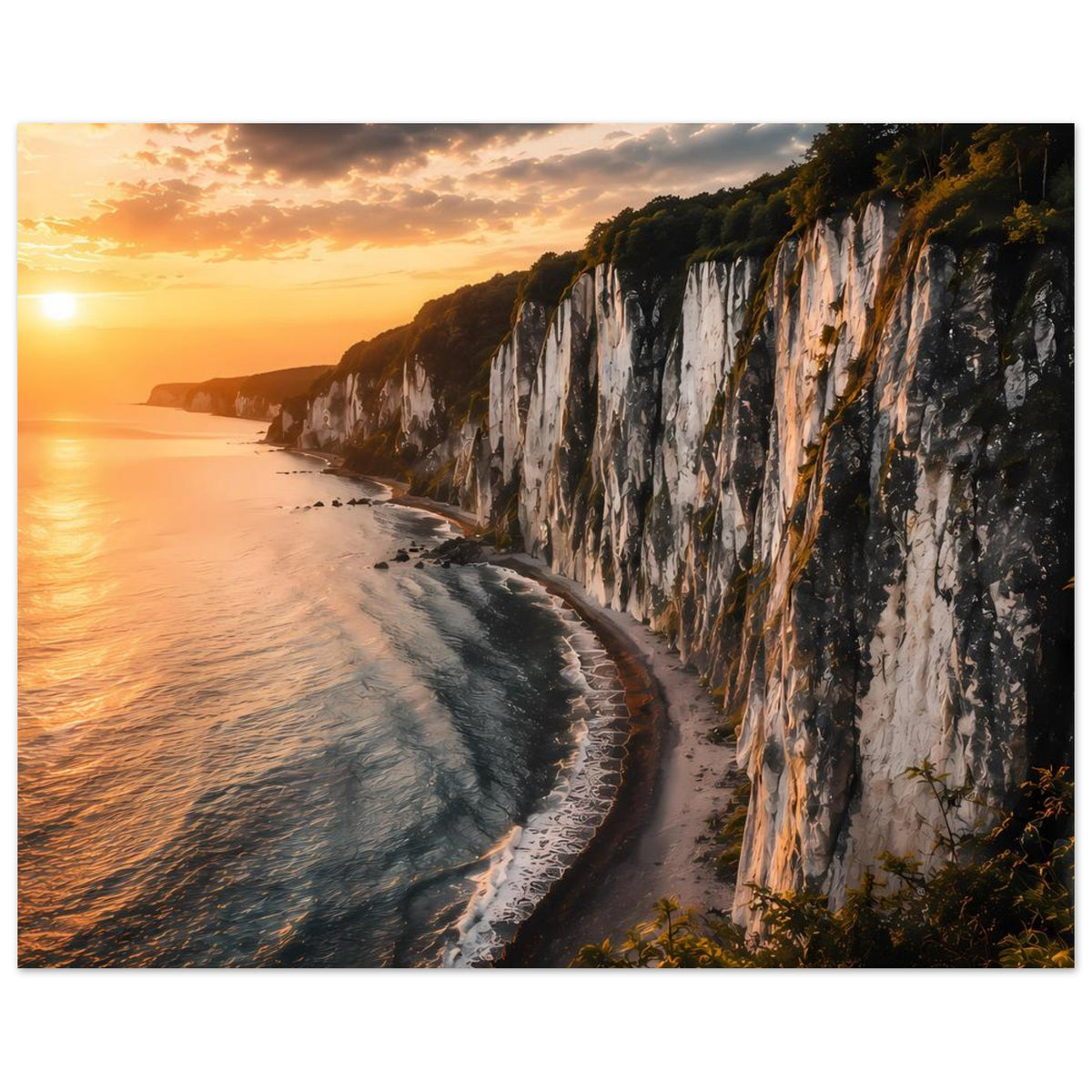 Poster: Steilküste am Meer, welliger Strandstreifen und goldener Abendhimmel