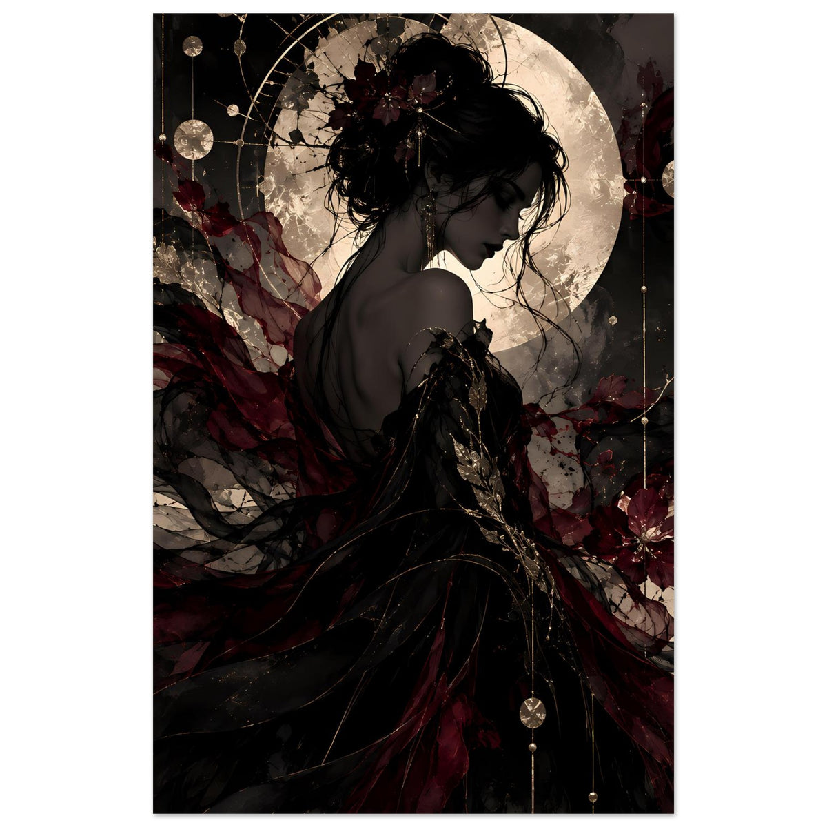 Hochformatiges Poster mit Frauensilhouette, Halbmond und Perlenketten, Schwarz und Burgunderrot