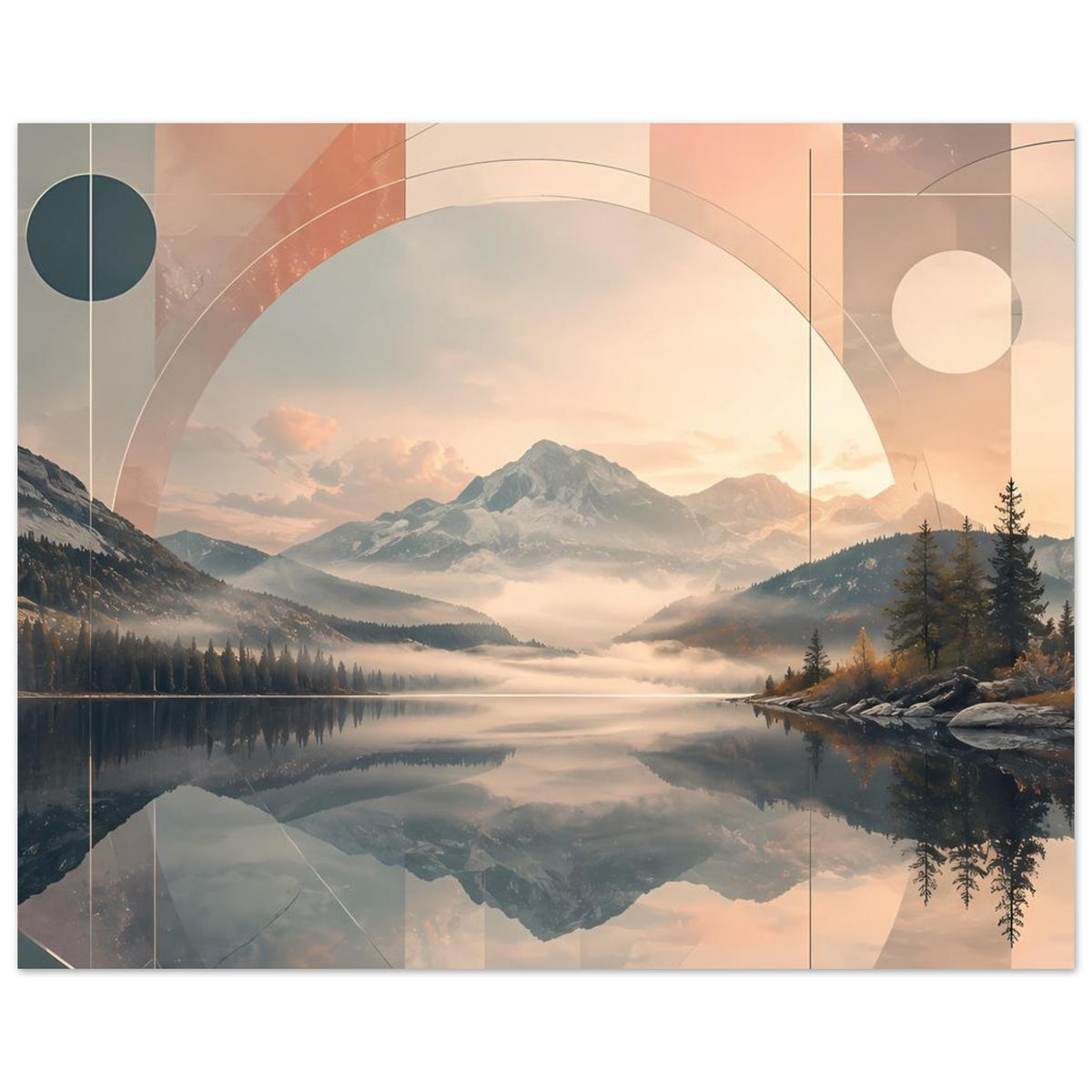 Wandposter im Querformat: abstrakte Landschaft mit großem Kreis, Berge, See und gedämpftem Farbverlauf