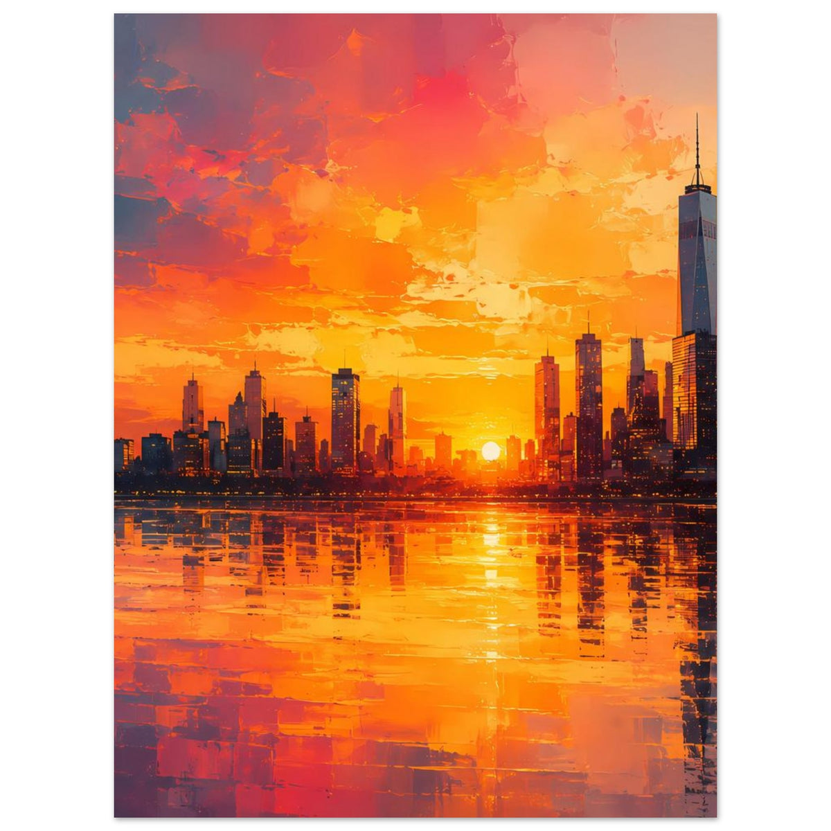 Poster mit Großstadt-Skyline bei Sonnenuntergang und Wasserreflexion, orange und dunkelblau.