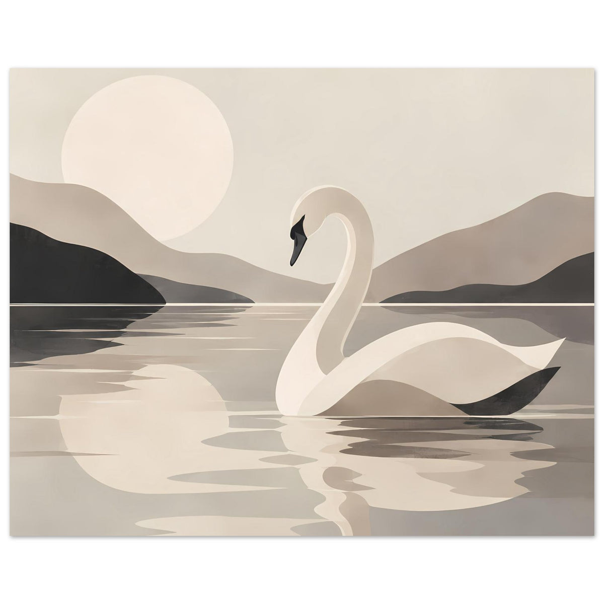 Wandbild mit weißem Schwan und See-Landschaft, reduzierte Formen in Beige- und Grautönen