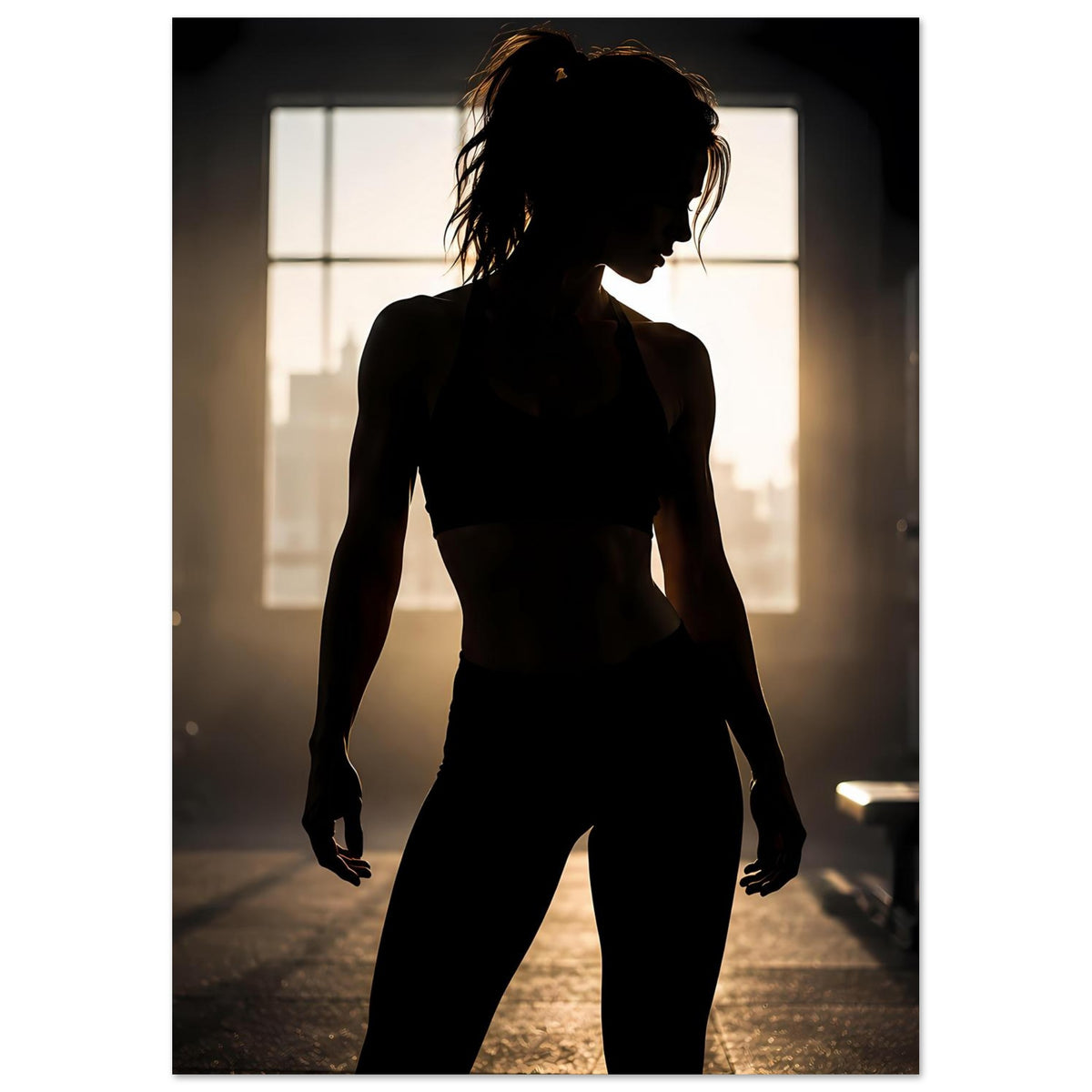 Fitnessposter im Hochformat mit dunkler Silhouette einer Sportlerin vor Fensterlicht