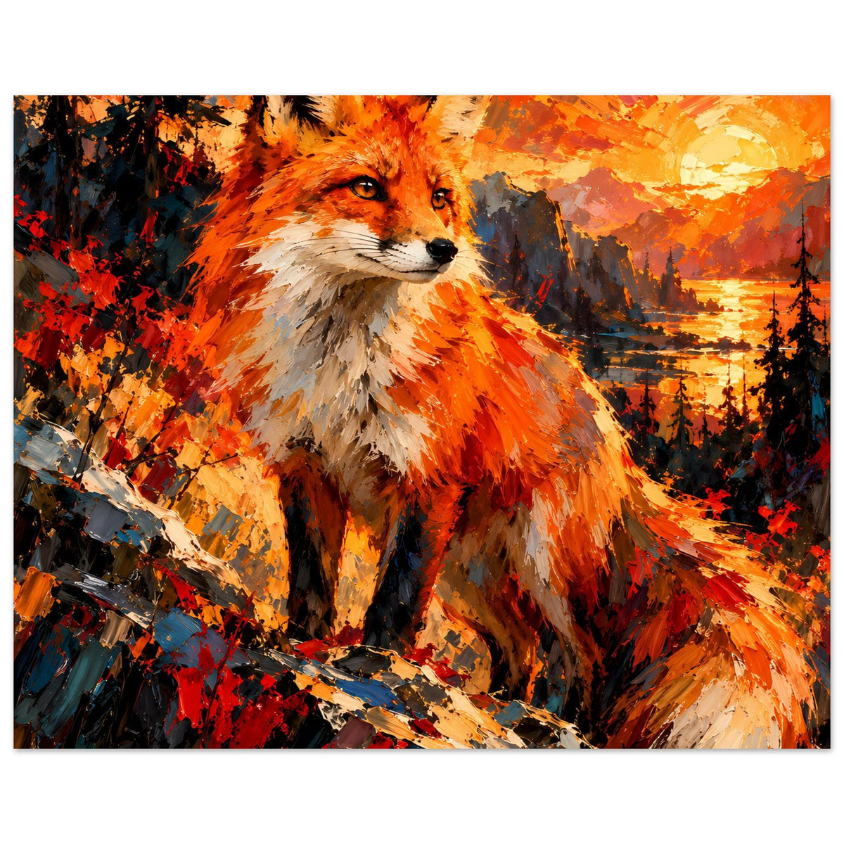 Horizontales Poster: Fuchs-Porträt in intensiven Herbstfarben, kräftige Pinselstriche
