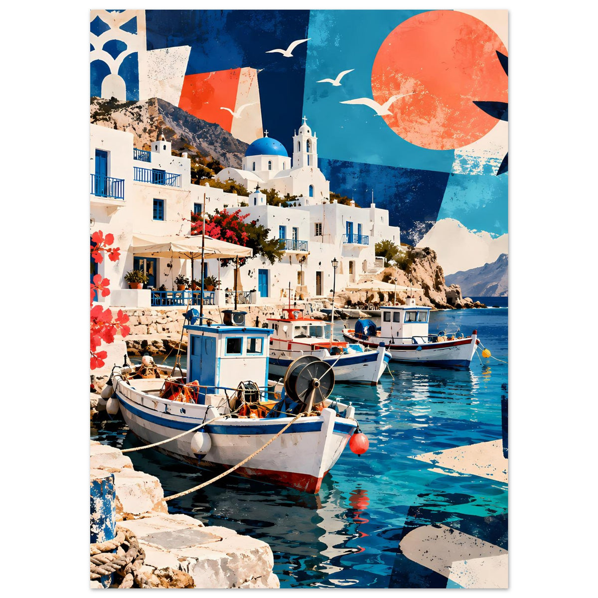 Poster, vertikal: Küstenhäuser und Boote im türkisblauen Wasser mit orangefarbener Sonne