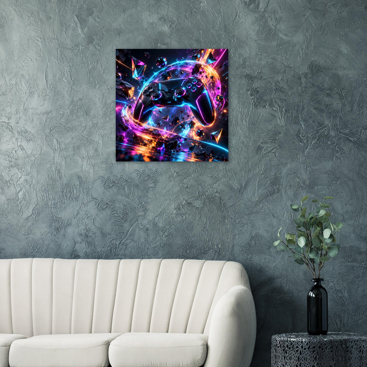 Quadratisches Poster mit Neon-Gaming-Controller, violett-blau-orange Lichteffekten