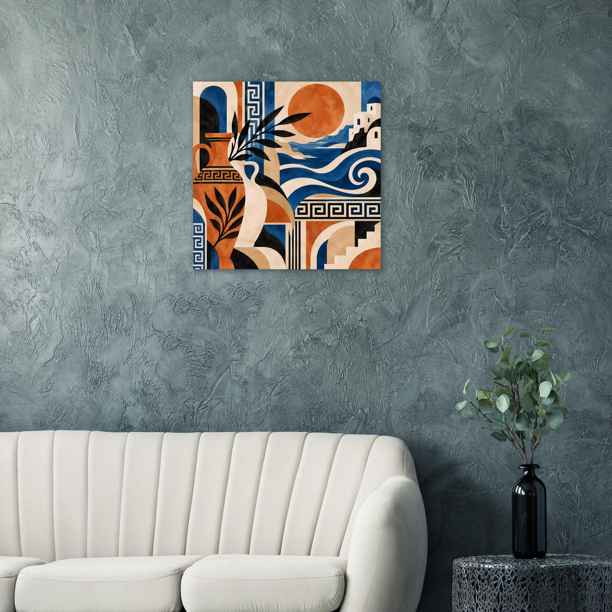 Abstrakter quadratischer Kunstdruck: Frauensilhouette, Vogel, orange Sonne, blaue Wellen und Zierrahmen