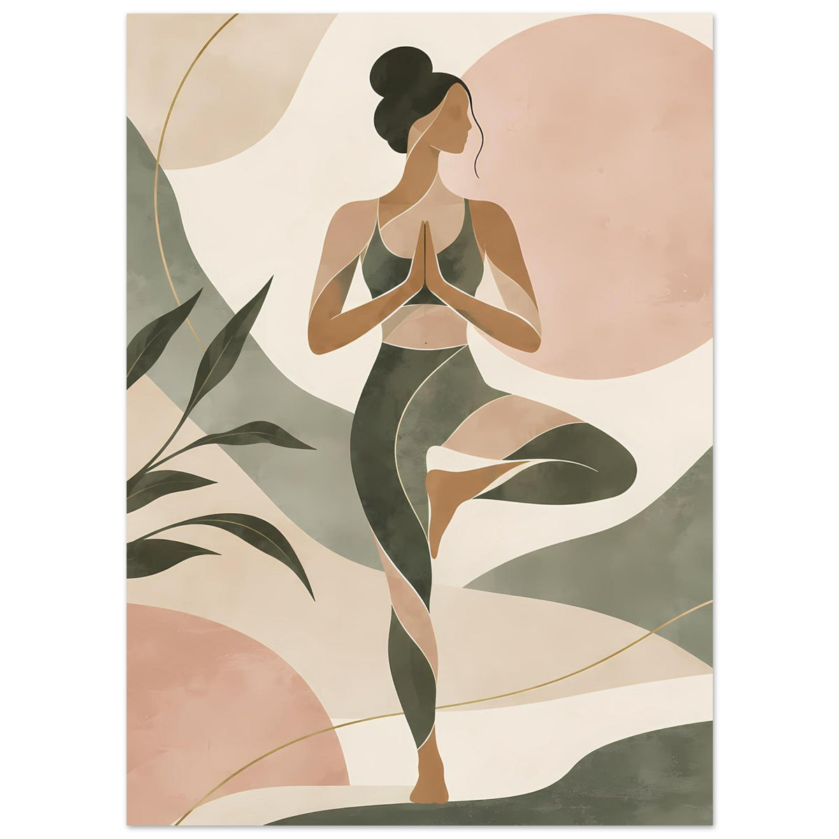 Zen-Balance-Poster mit abstrakter Yoga-Figur in Salbeigrün und Rosé