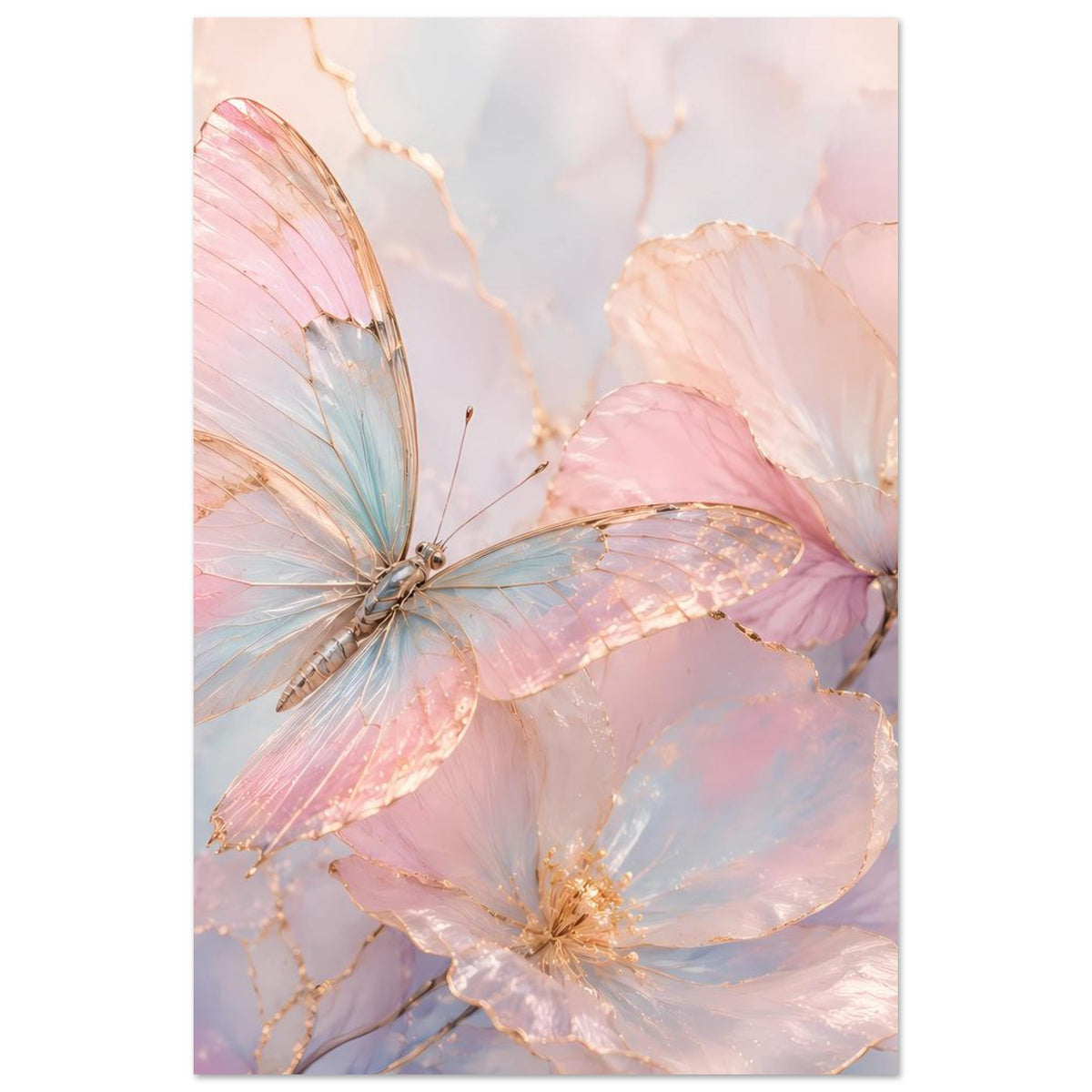 Vertikales Aquarell-Poster mit Schmetterling und Blüten in Rosé, Blau und Gold