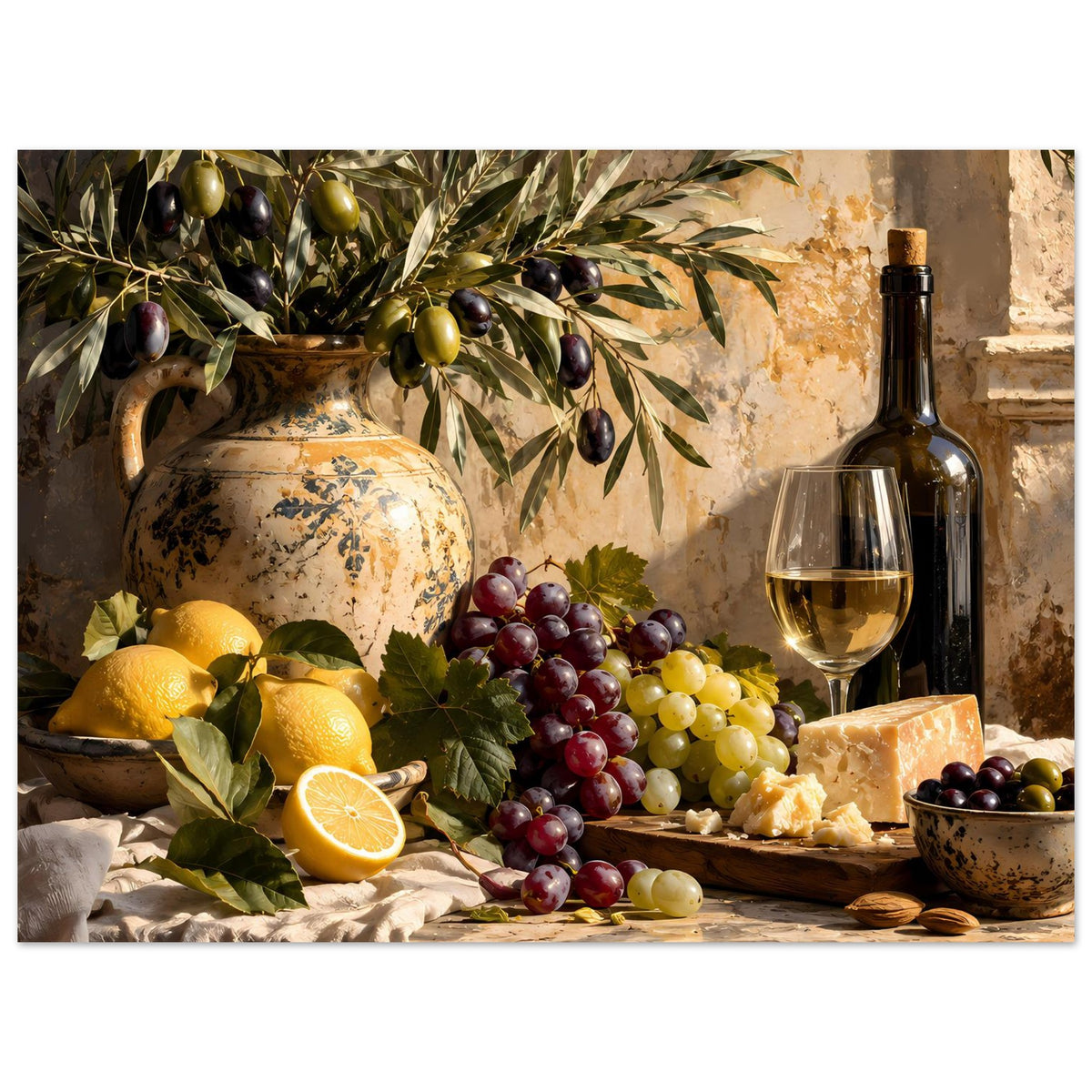 Still-Life-Poster mit Weinflasche, Weinglas, Trauben, Zitronenhälften und Käse