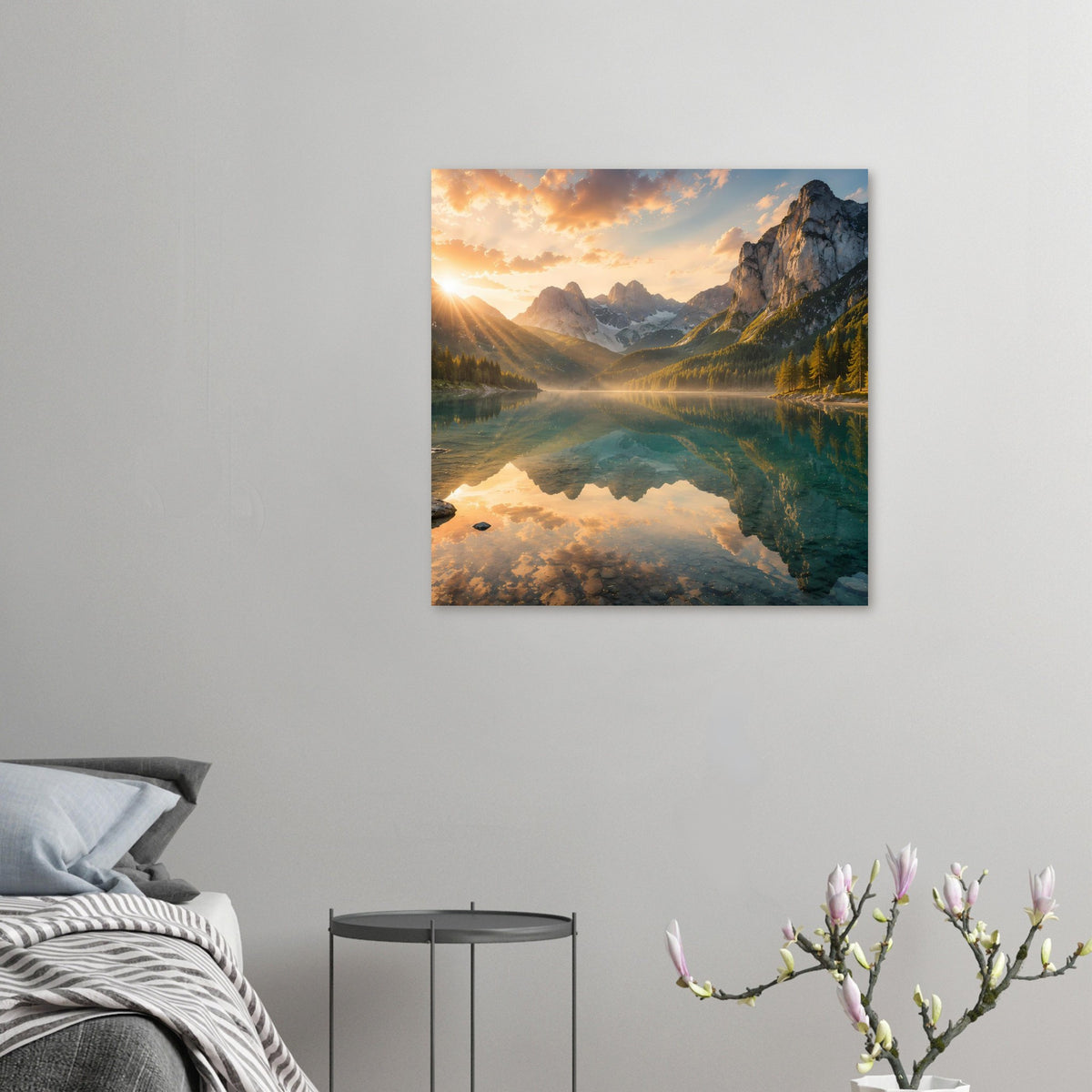 Wand-Kunstdruck im kleinen Format: Bergsee mit Sonnenaufgang und Wasserreflexion