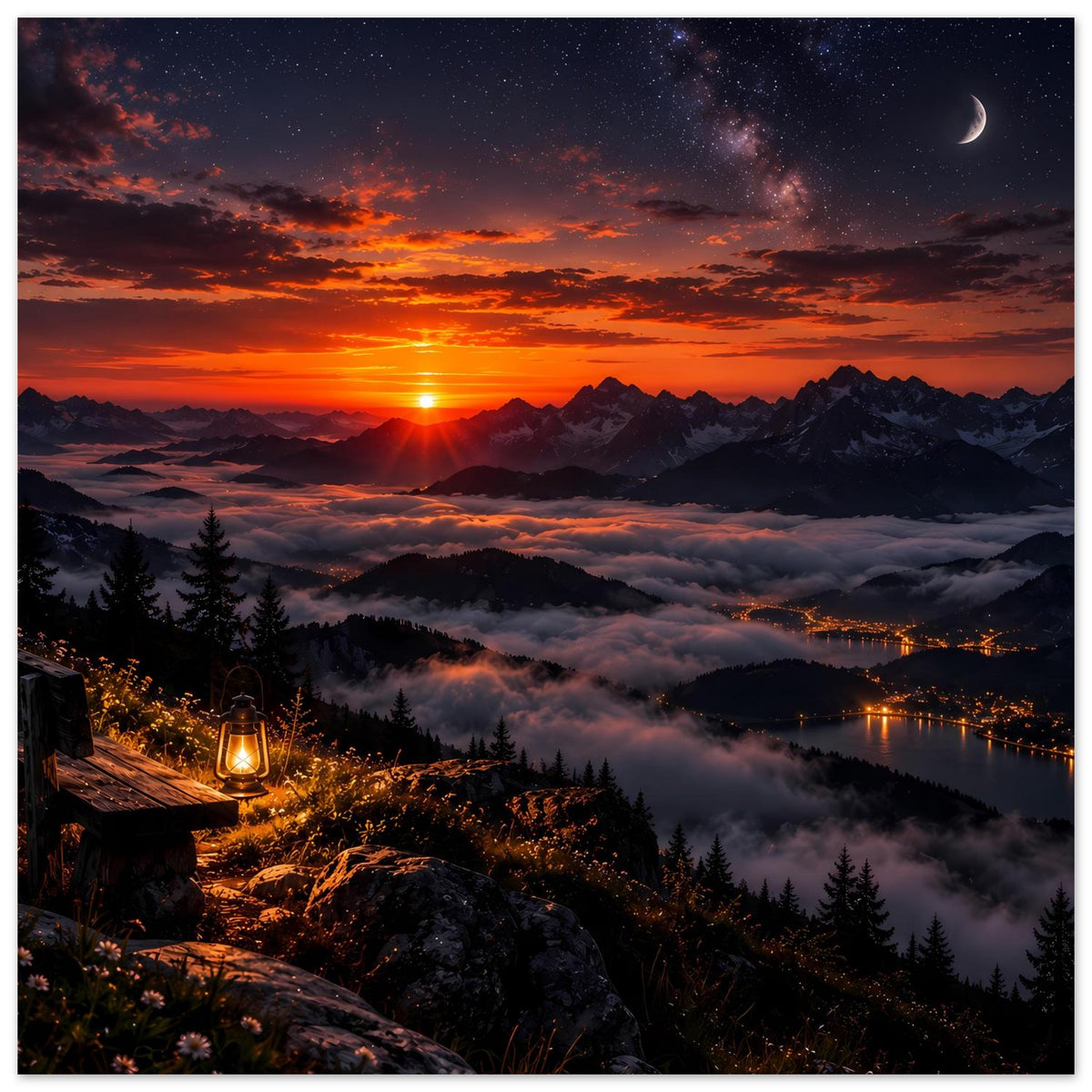 Landschaftsposter: Nachthimmel mit Mond und Sternen, Sonnenuntergang, Berge, See, Tannenwald