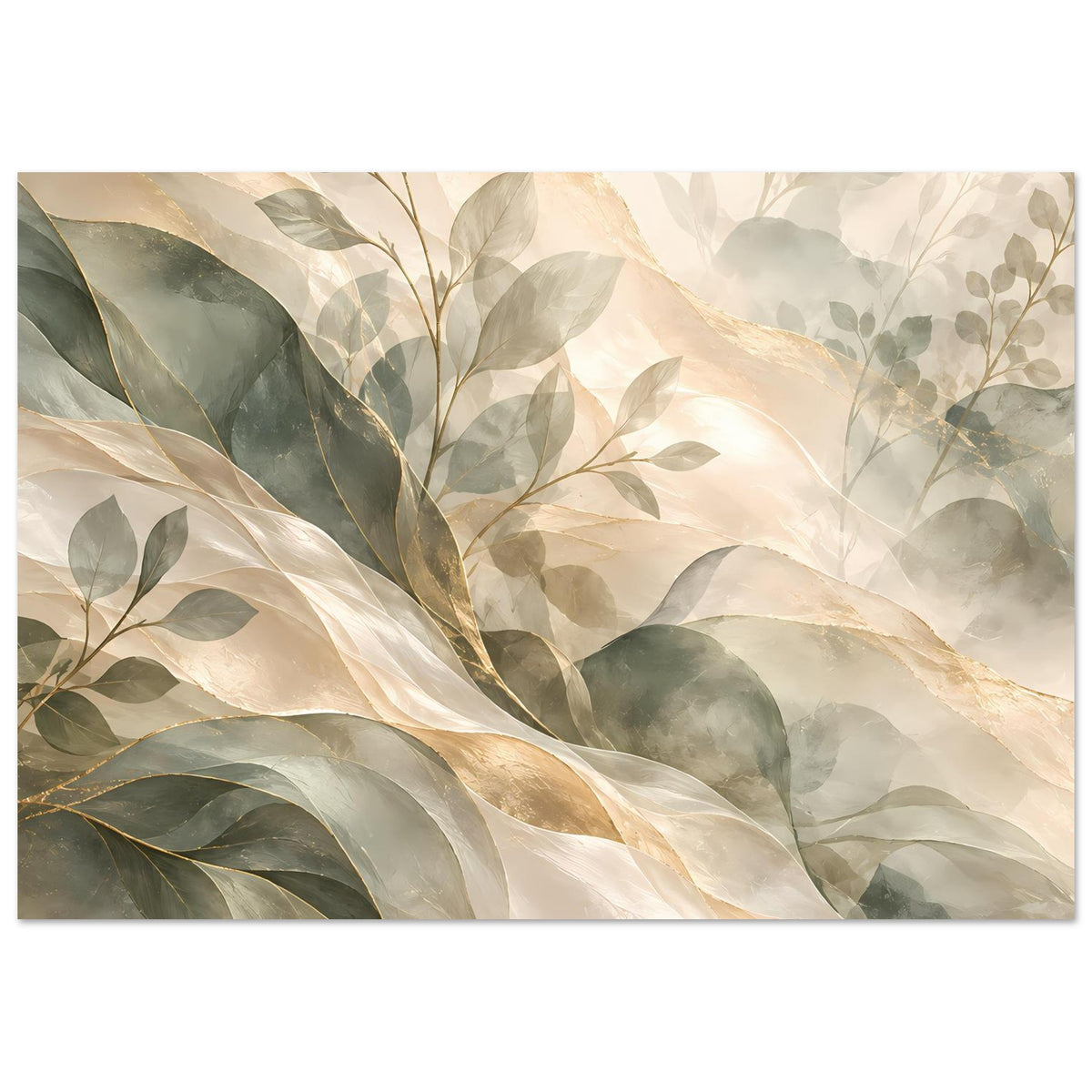 Rahmenkunstposter, horizontal, mit vielen Blättern in Salbeigrün, Creme und Gold