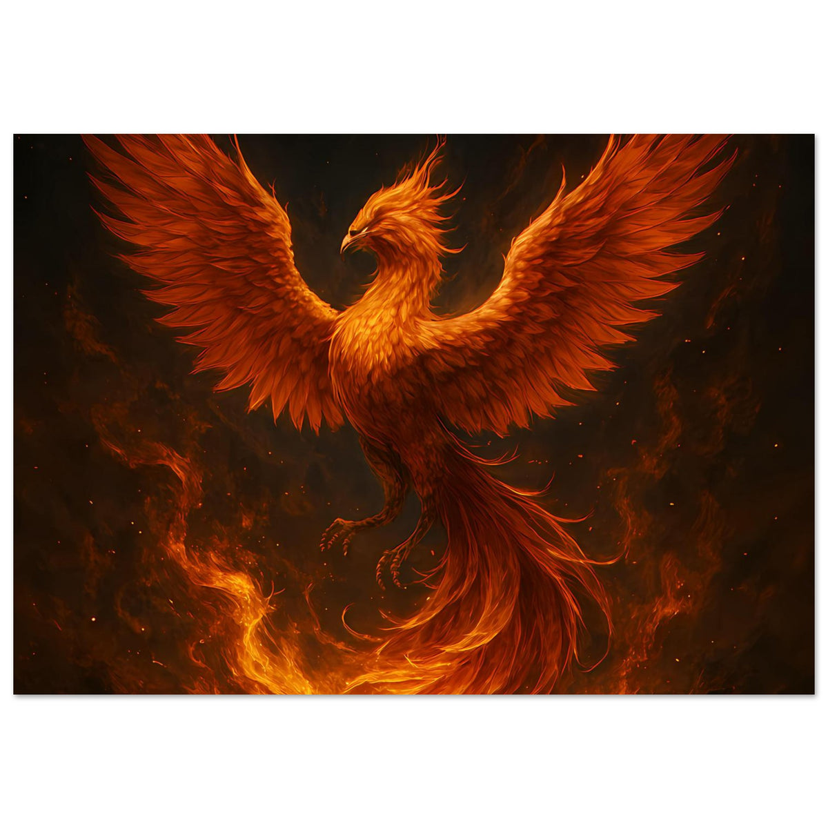 Poster mit aufragendem Phönix, gold-orange Federn in Flammenoptik und glühender Unterzone